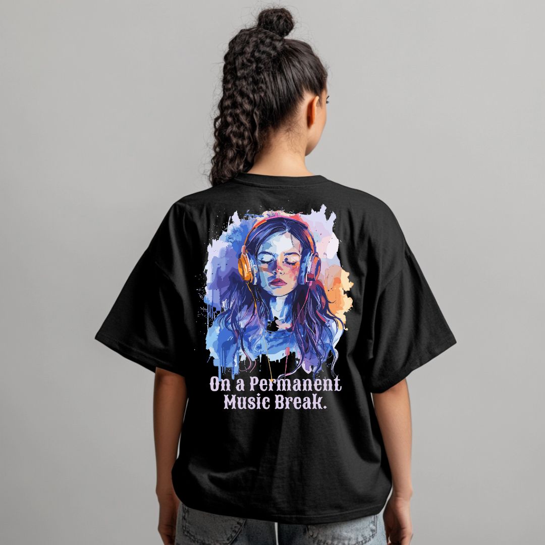"On a Permanent Music Break" Watercolor Graphic  Women's Oversized Cotton T-Shirt