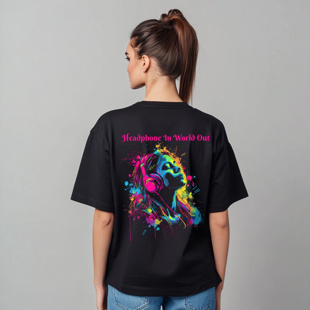 "Headphones In, World Out" Vibrant Graphic Tee - Women's Oversized Cotton T-Shirt