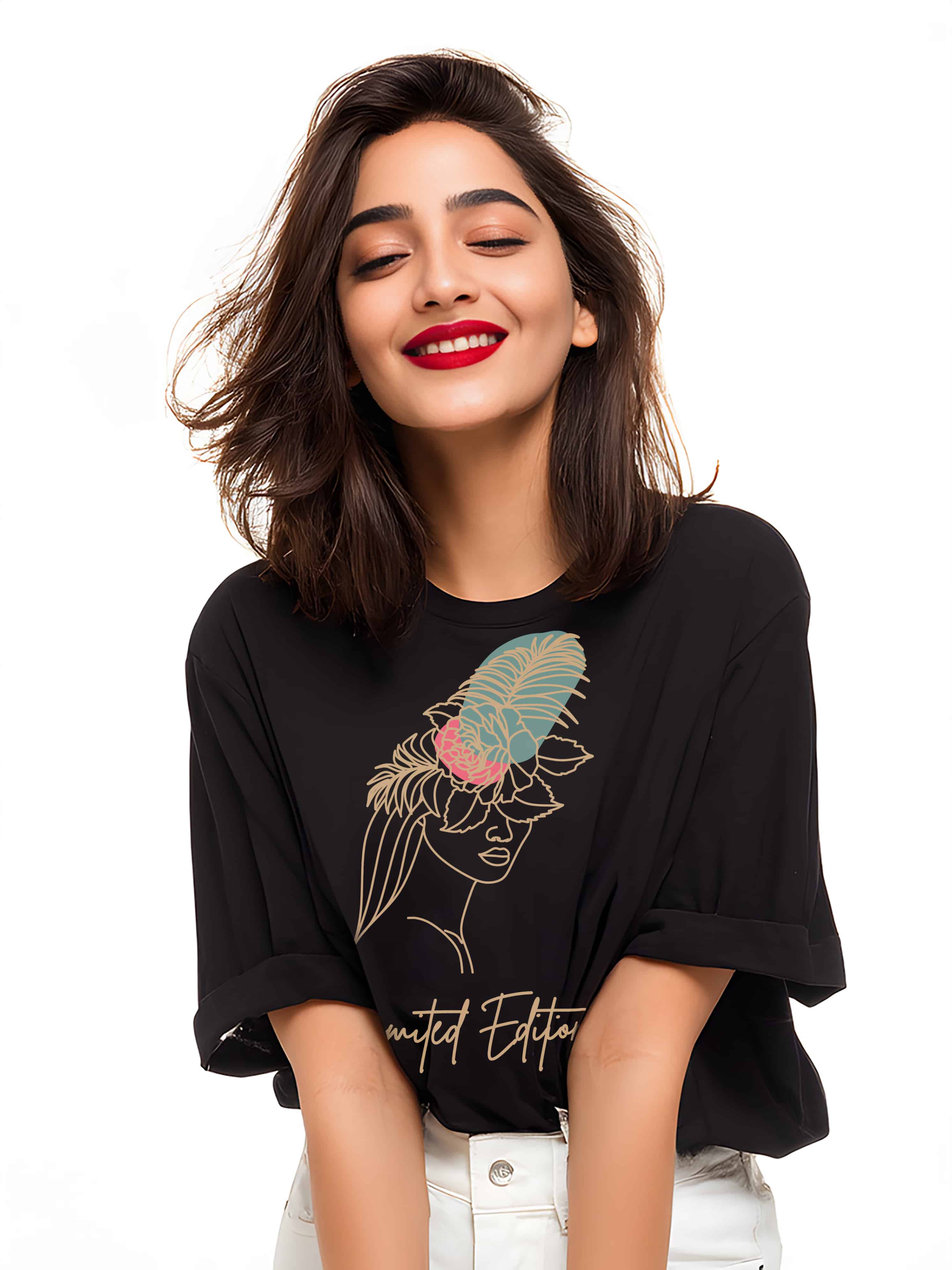 Floral Crown Line Art Design- Limited Edition Women's Cotton Oversized T-Shirt