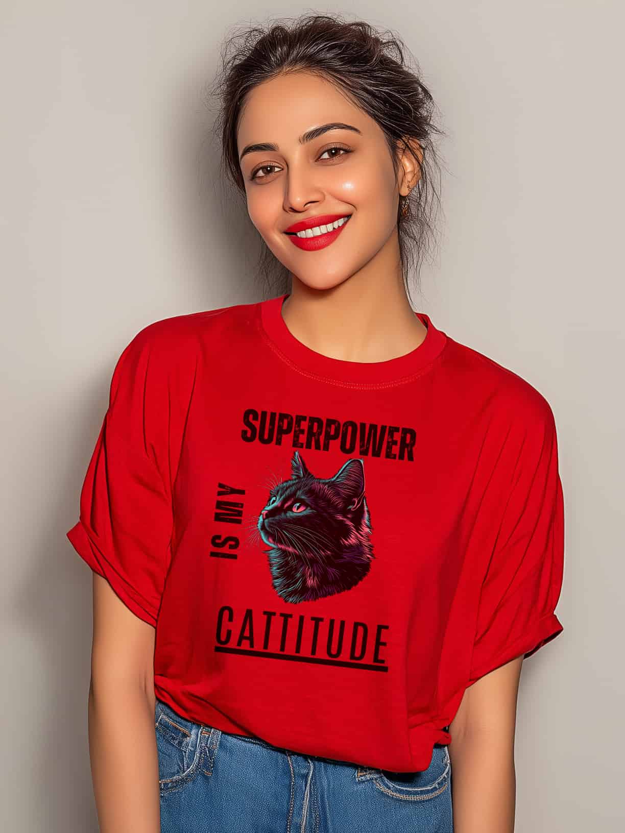 Cattitude Is My Superpower | Oversized Cat Graphic Cotton T-Shirt