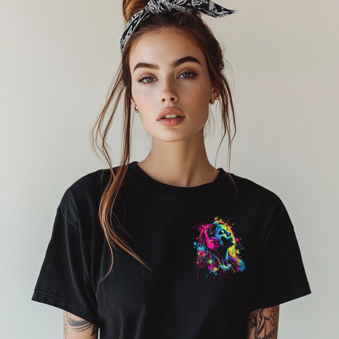 "Headphones In, World Out" Vibrant Graphic Tee - Women's Oversized Cotton T-Shirt