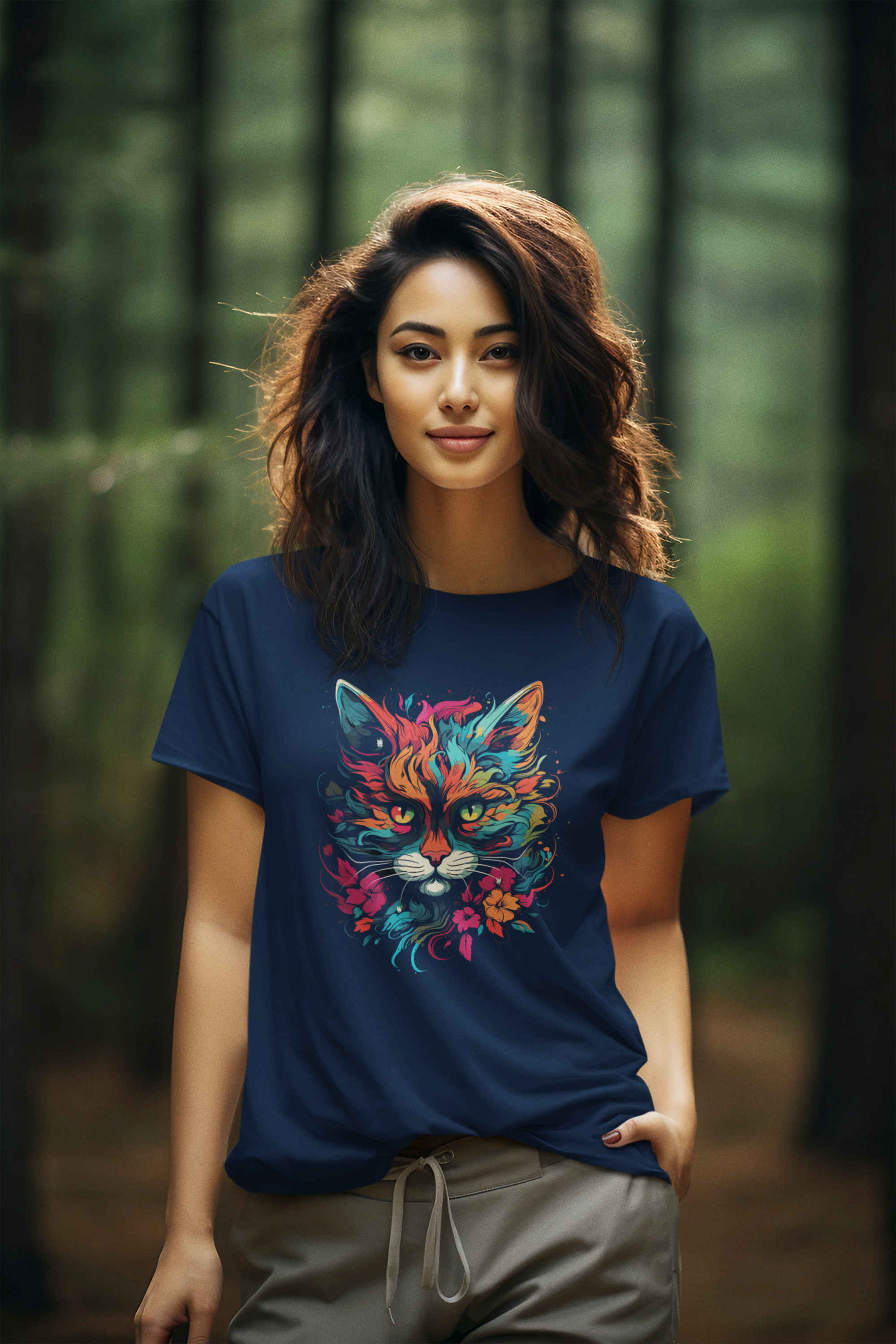 Women's Colorful Cat design Cotton T-Shirt