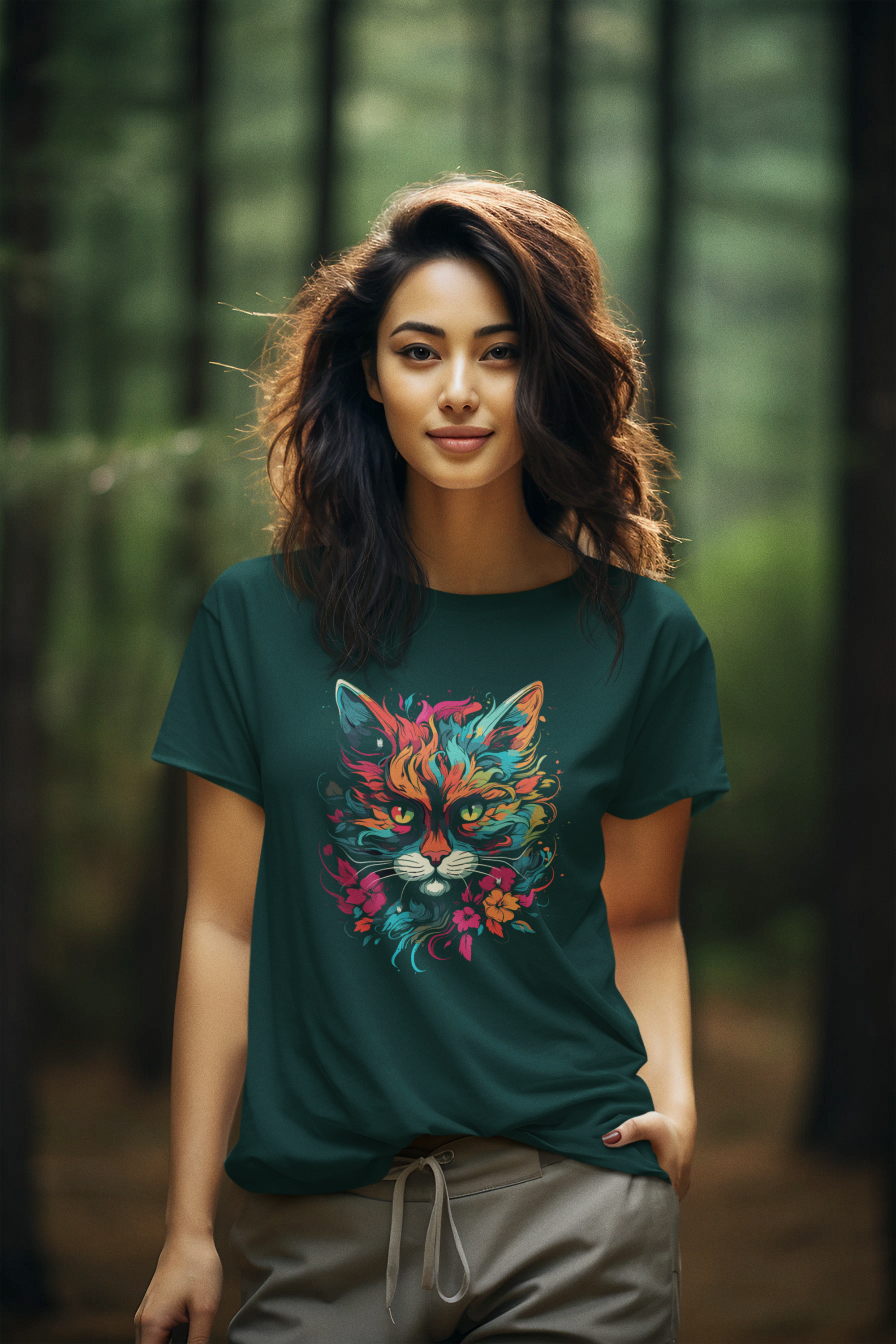 Women's Colorful Cat design Cotton T-Shirt