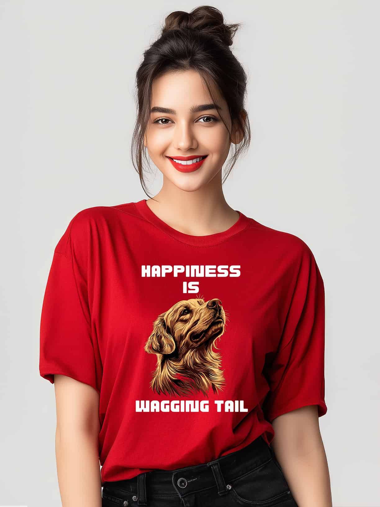 Happiness is a Wagging Tail | Women's Oversized Cat Graphic Cotton T-Shirt
