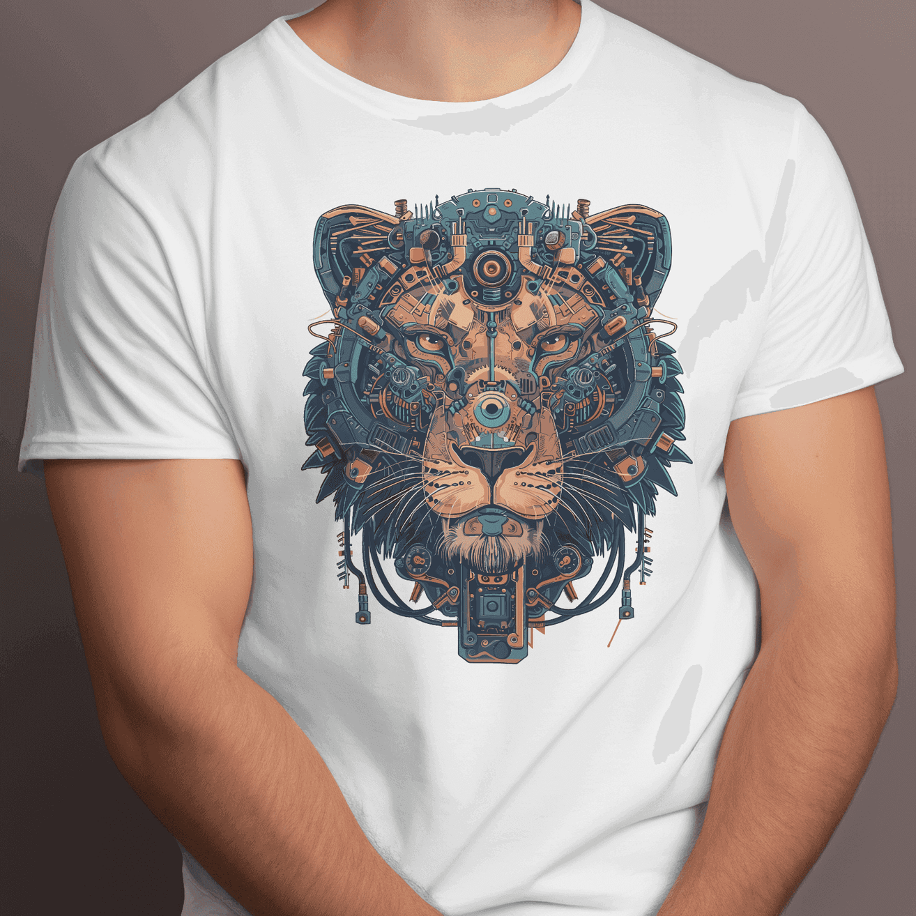 Mechanical Elegant Lion Face Graphic Design Men's T-Shirt - Unleash Your Regal Elegance