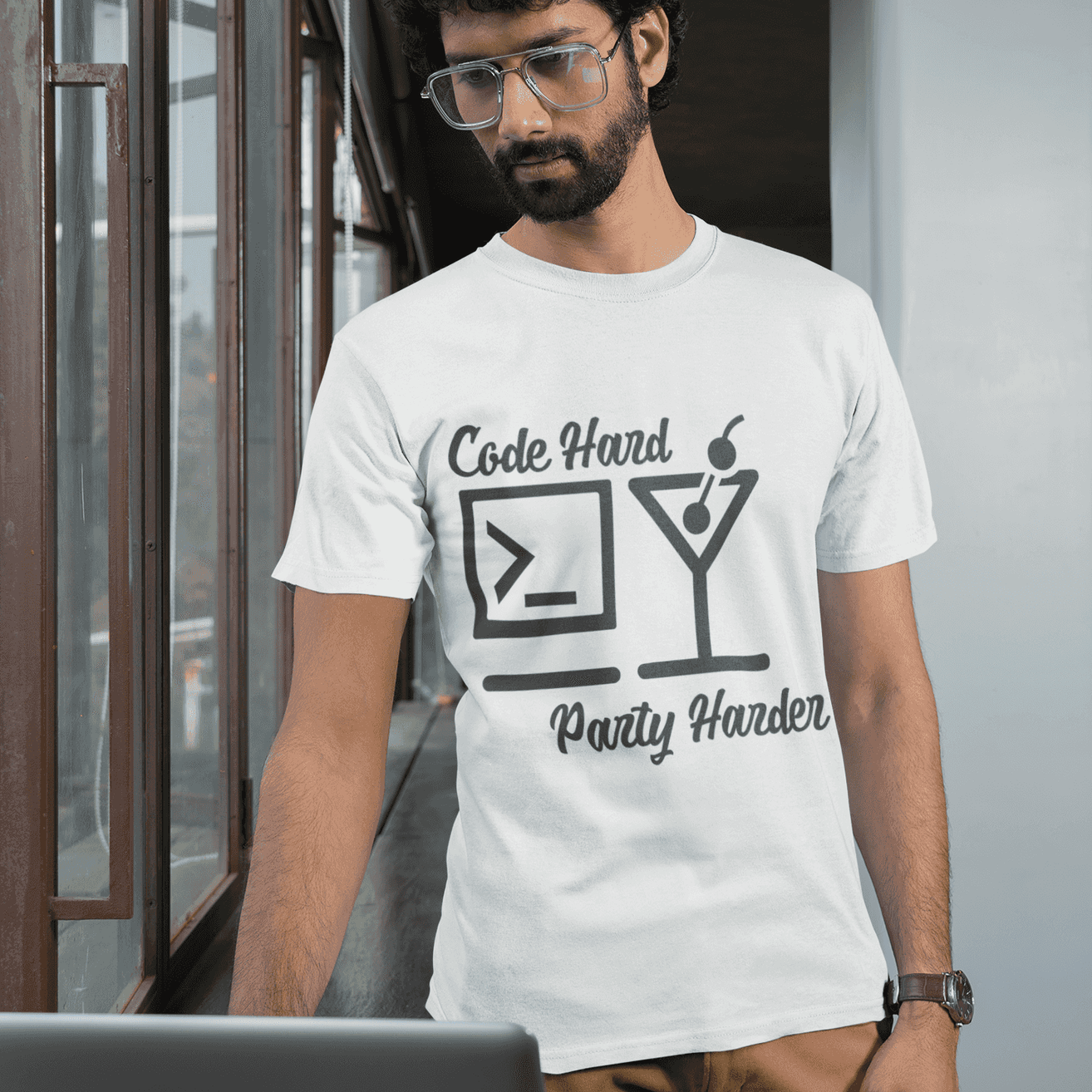 Code Hard Party Harder Men's Tech-Style T-Shirt - Bytes by Day, Beats by Night