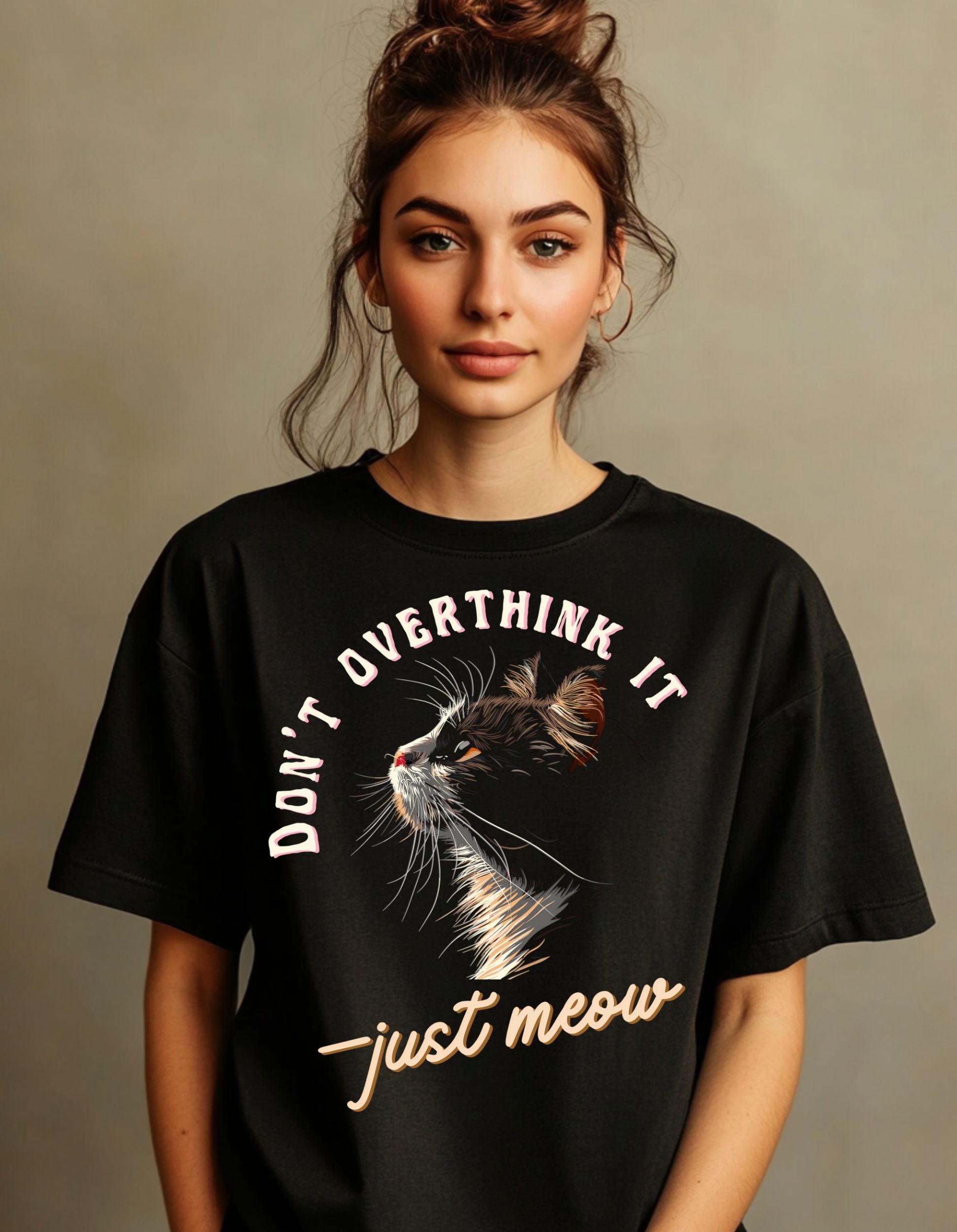 Don’t Overthink It—Just Meow | Oversized Cat Graphic Cotton T-Shirt