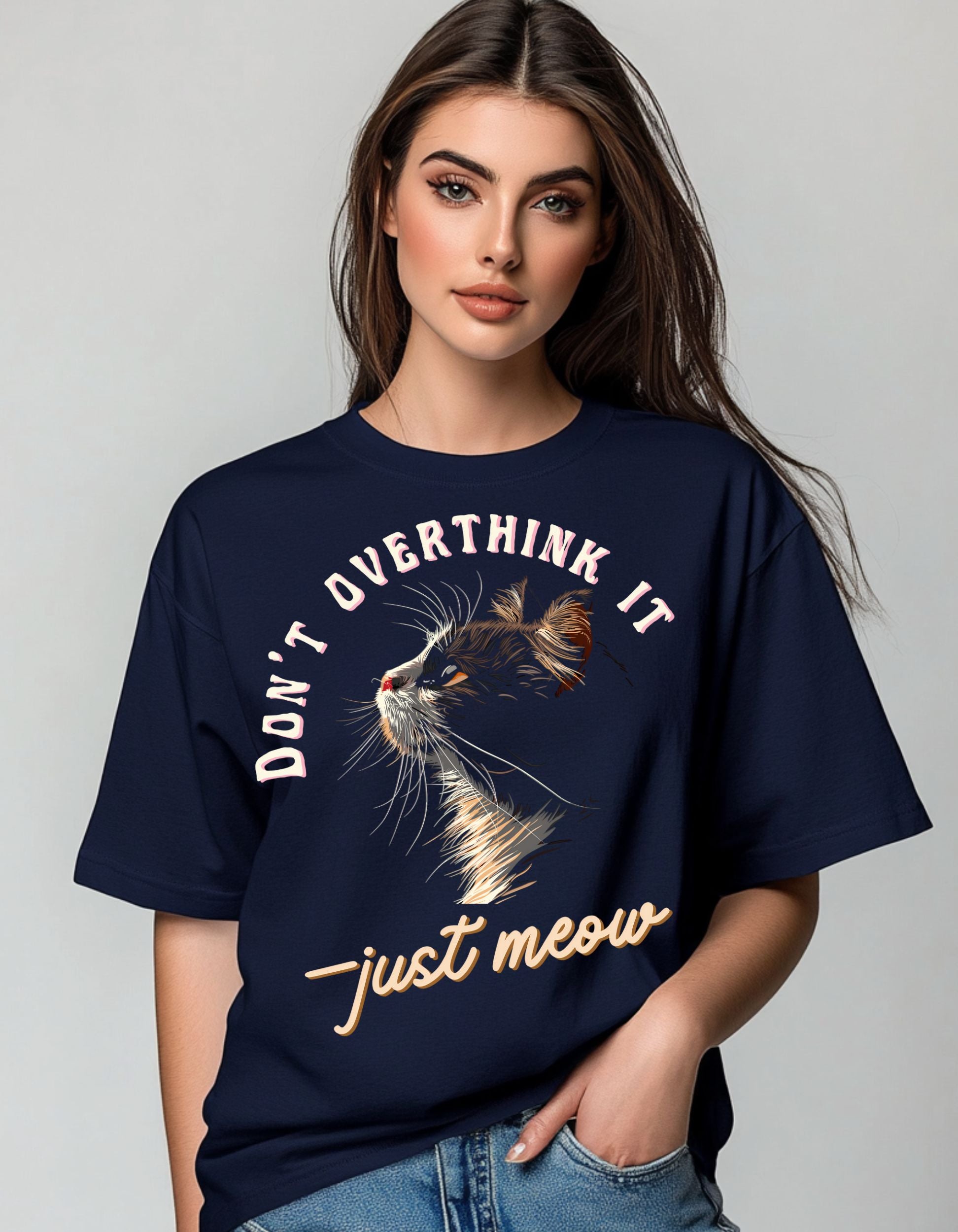 Don’t Overthink It—Just Meow | Oversized Cat Graphic Cotton T-Shirt