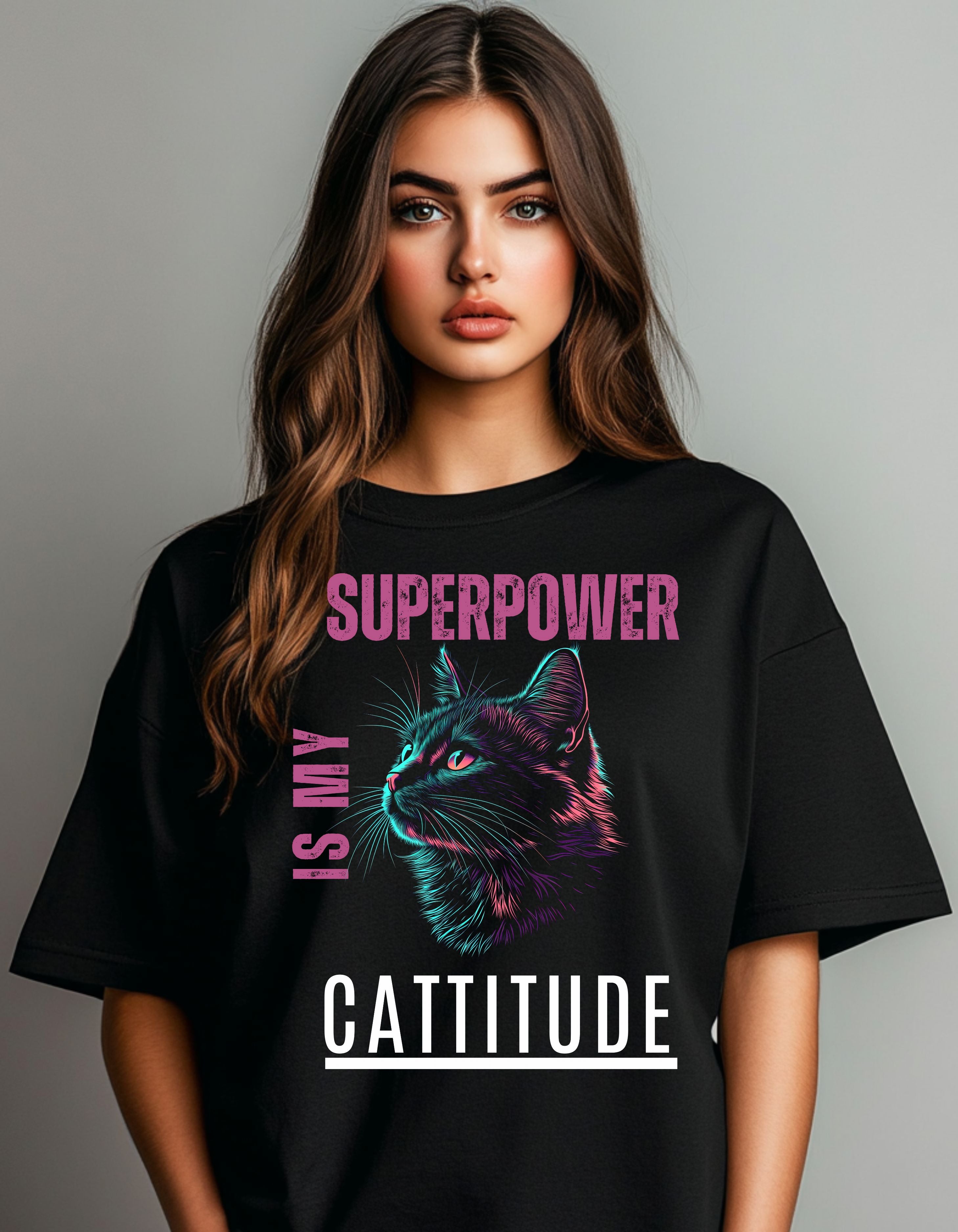 Cattitude Is My Superpower | Oversized Cat Graphic Cotton T-Shirt