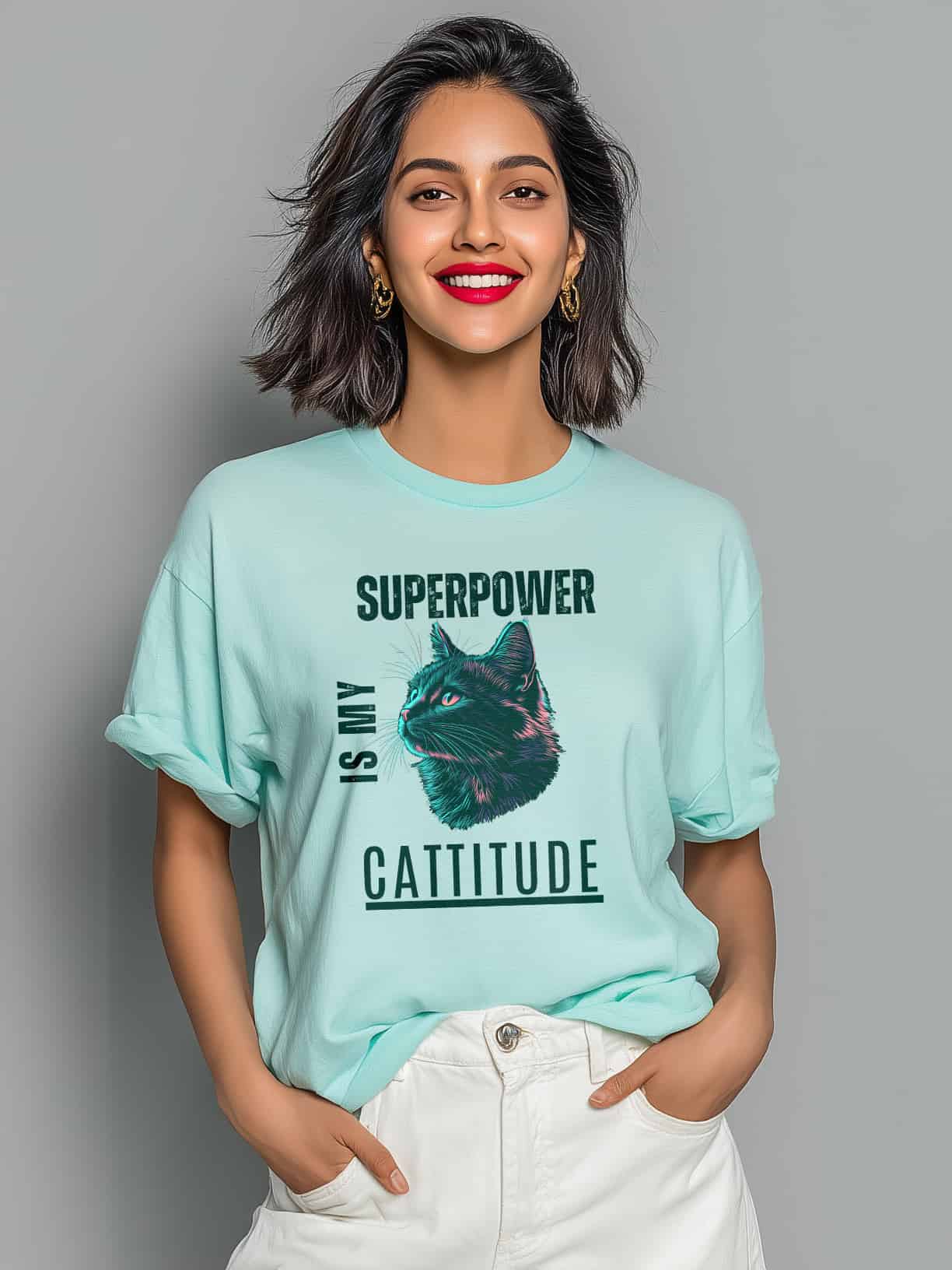Cattitude Is My Superpower | Oversized Cat Graphic Cotton T-Shirt