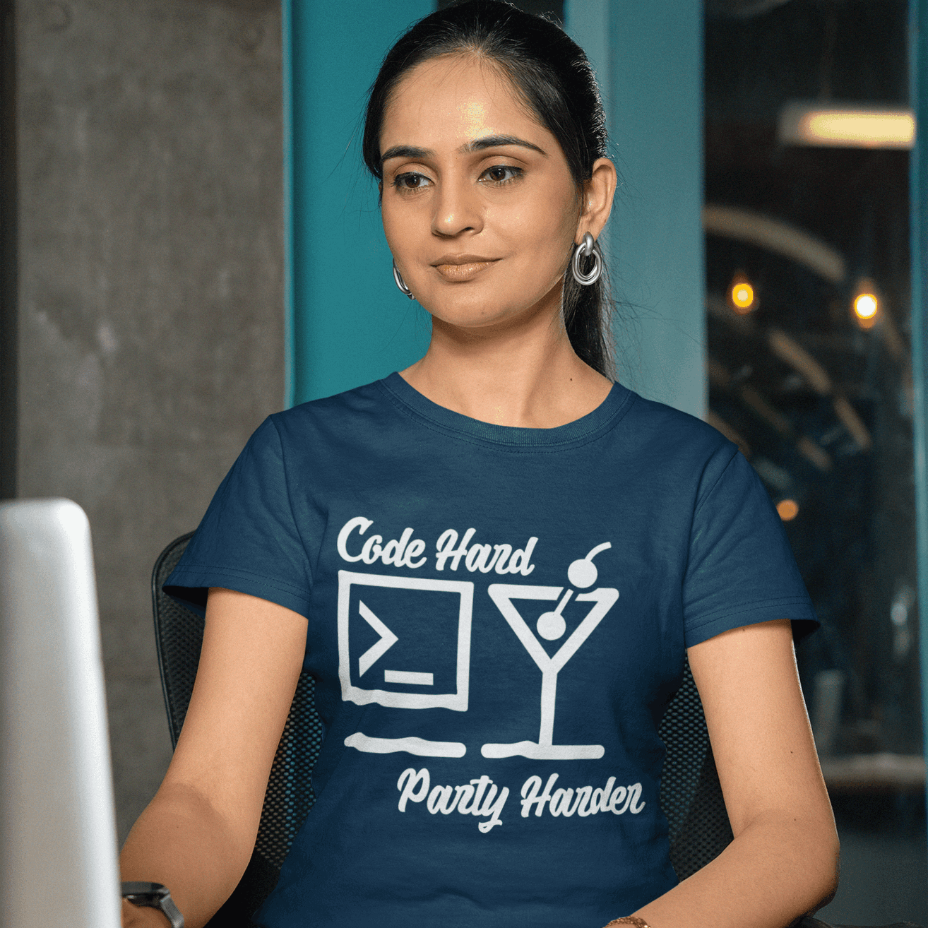 Code Hard Party Harder Women's Tech-Style T-Shirt - Balancing Bytes and Beats