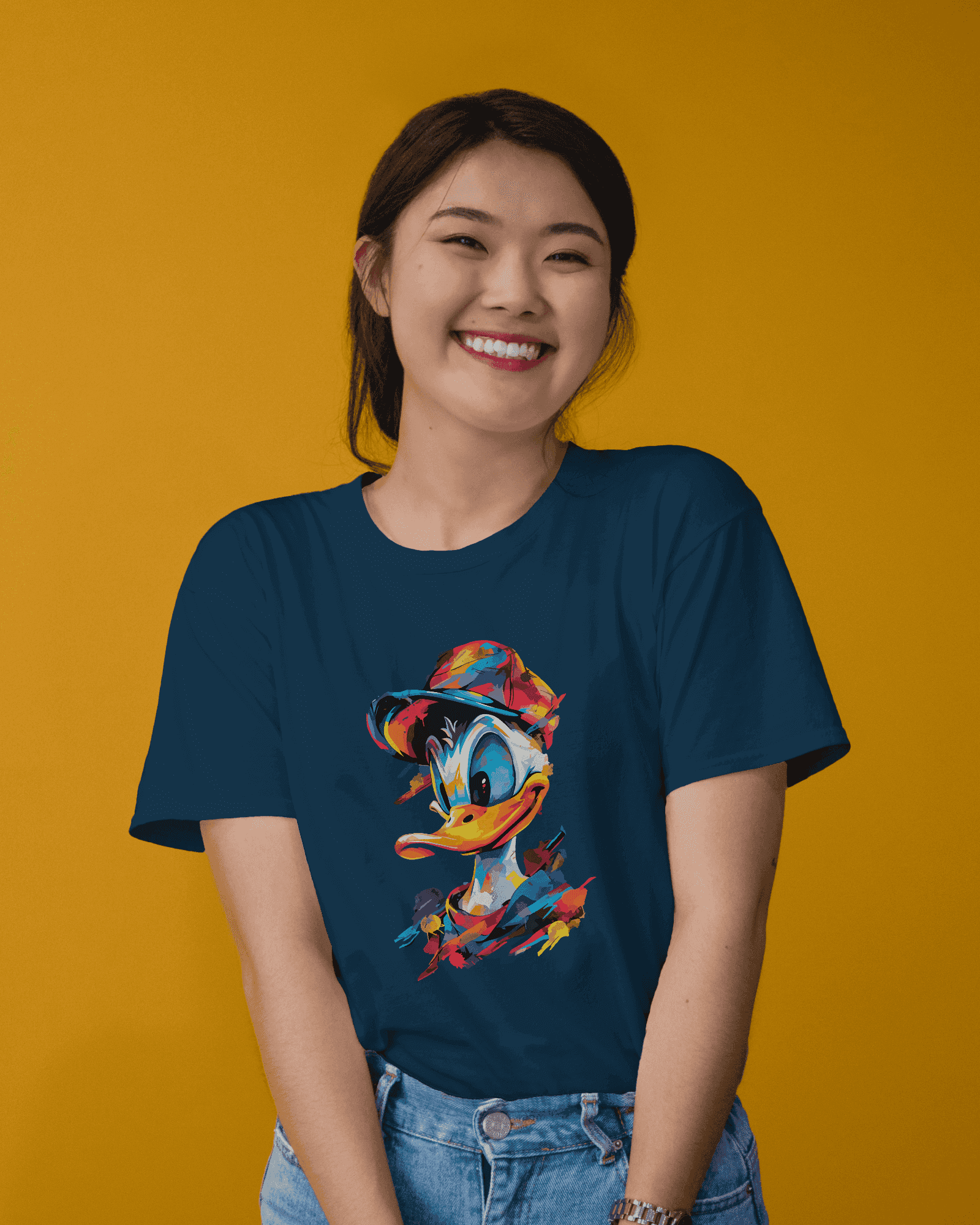 Colorful Donald Duck Holi special Cotton T-Shirt for Women