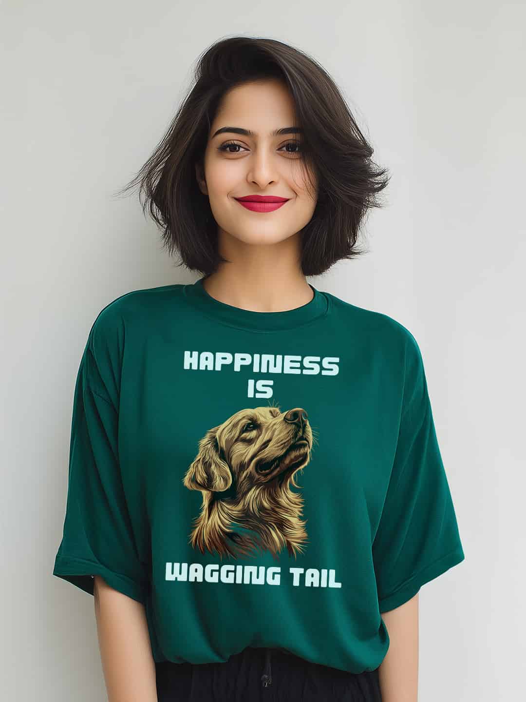 Happiness is a Wagging Tail | Women's Oversized Cat Graphic Cotton T-Shirt