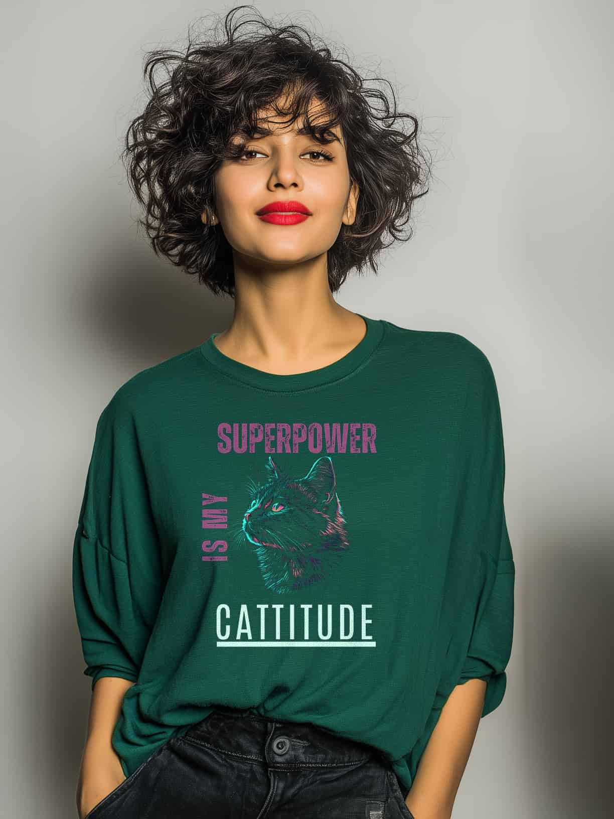 Cattitude Is My Superpower | Oversized Cat Graphic Cotton T-Shirt