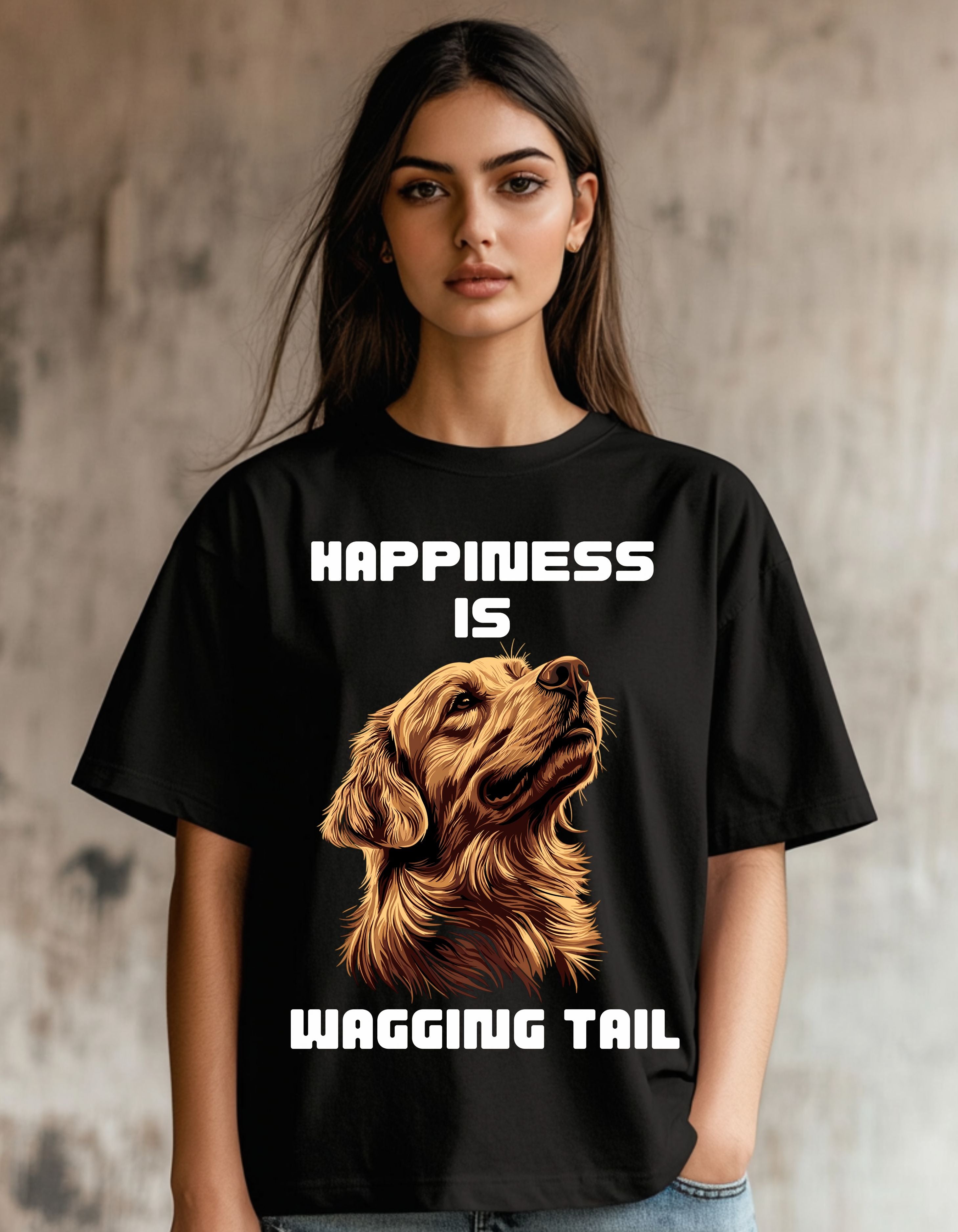 Happiness is a Wagging Tail | Women's Oversized Cat Graphic Cotton T-Shirt