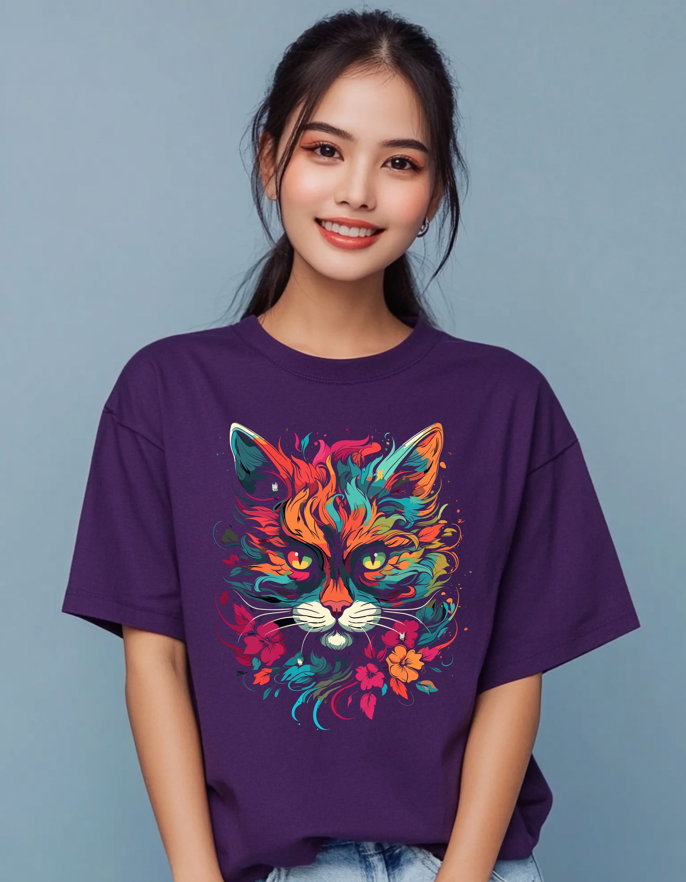 Purr-fectly Playful Cat Oversized Women Cotton T-shirt