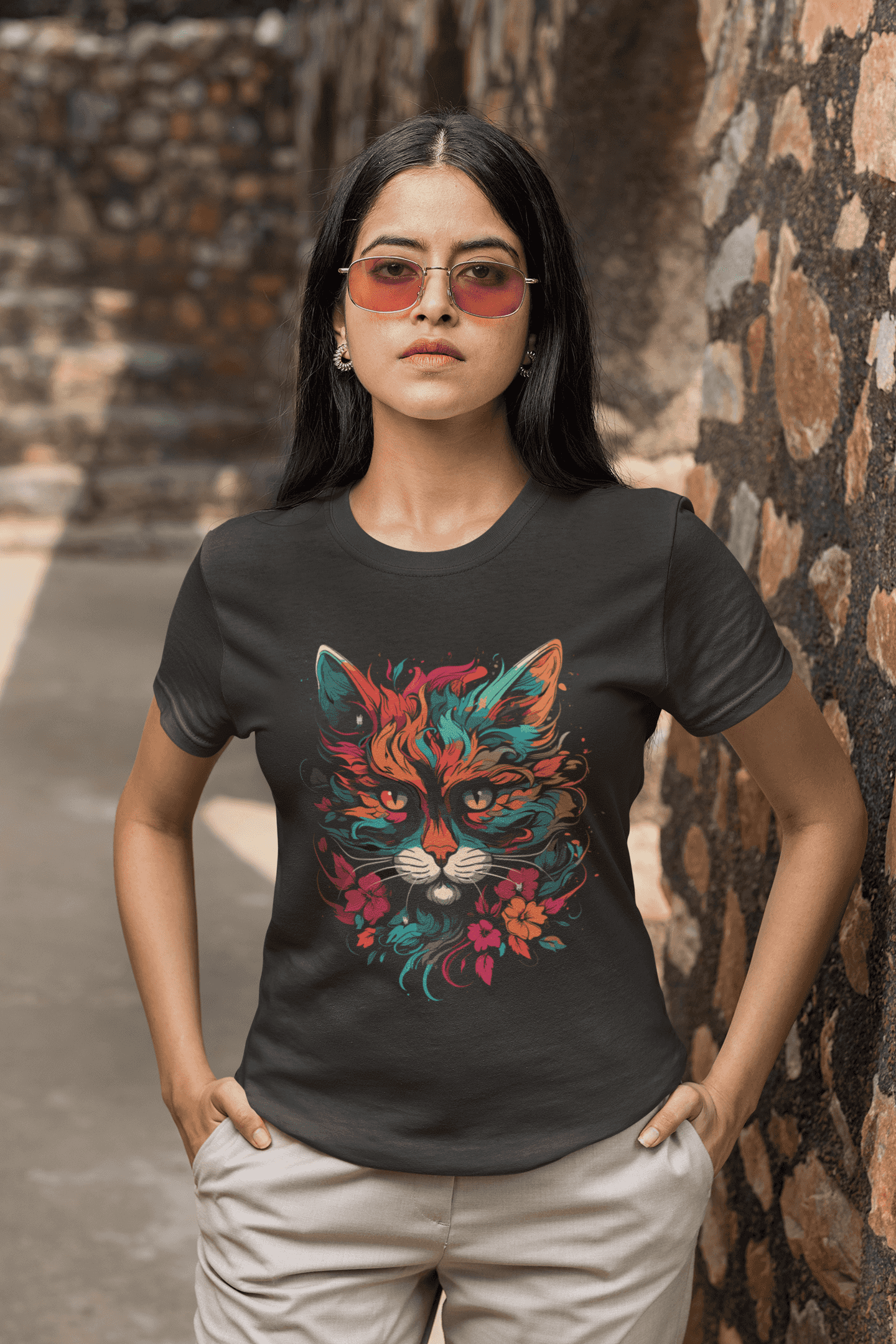 Women's Colorful Cat design Cotton T-Shirt