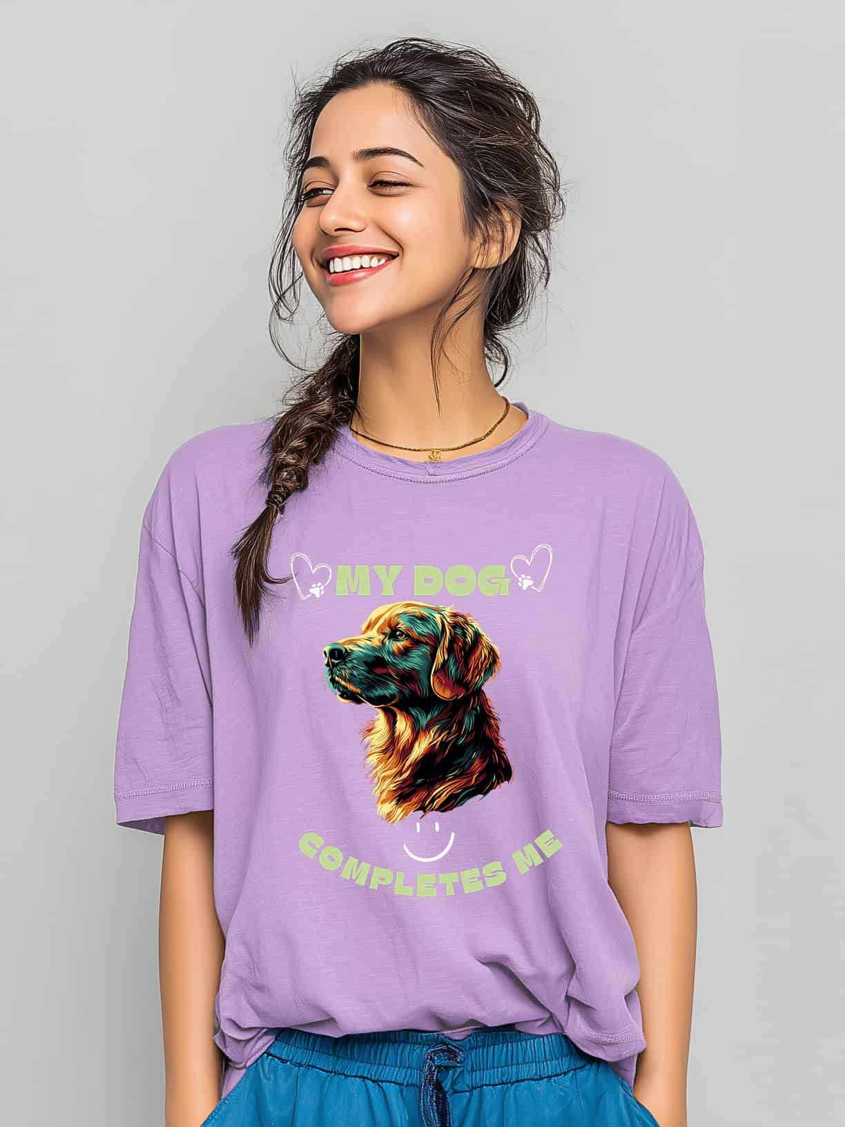 My Dog Completes Me | Women's Oversized Cat Graphic Cotton T-Shirt