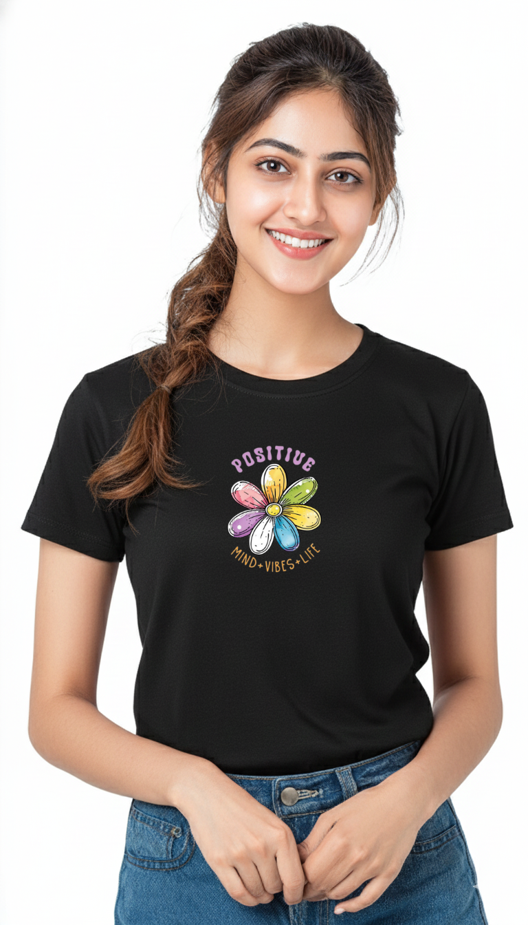 Women’s “Positive Mind Vibes Life” Floral Graphic Cotton Tshirt