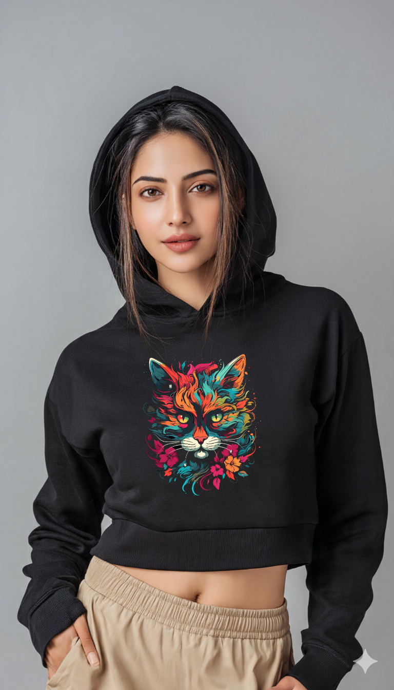 Colorful Cat – Women’s Crop Hoodie | Storeily Winter Collection
