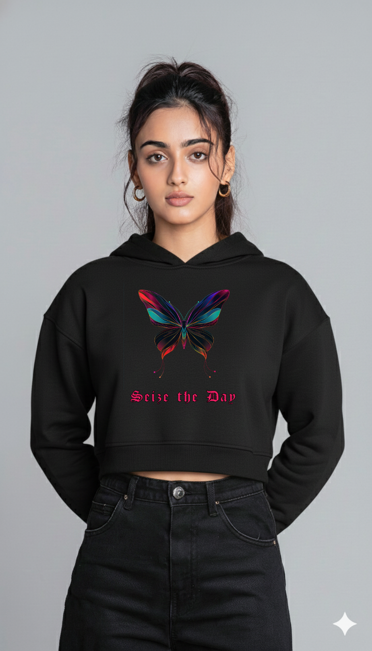 Seize the Day Butterfly – Women’s Crop Hoodie | Storeily Winter Collection