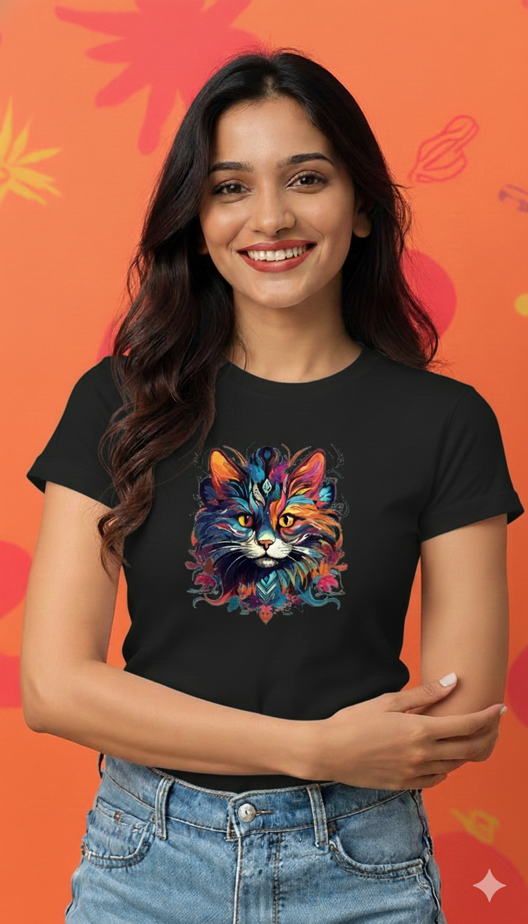 Vibrant Cat Art Women's Cotton T-Shirt