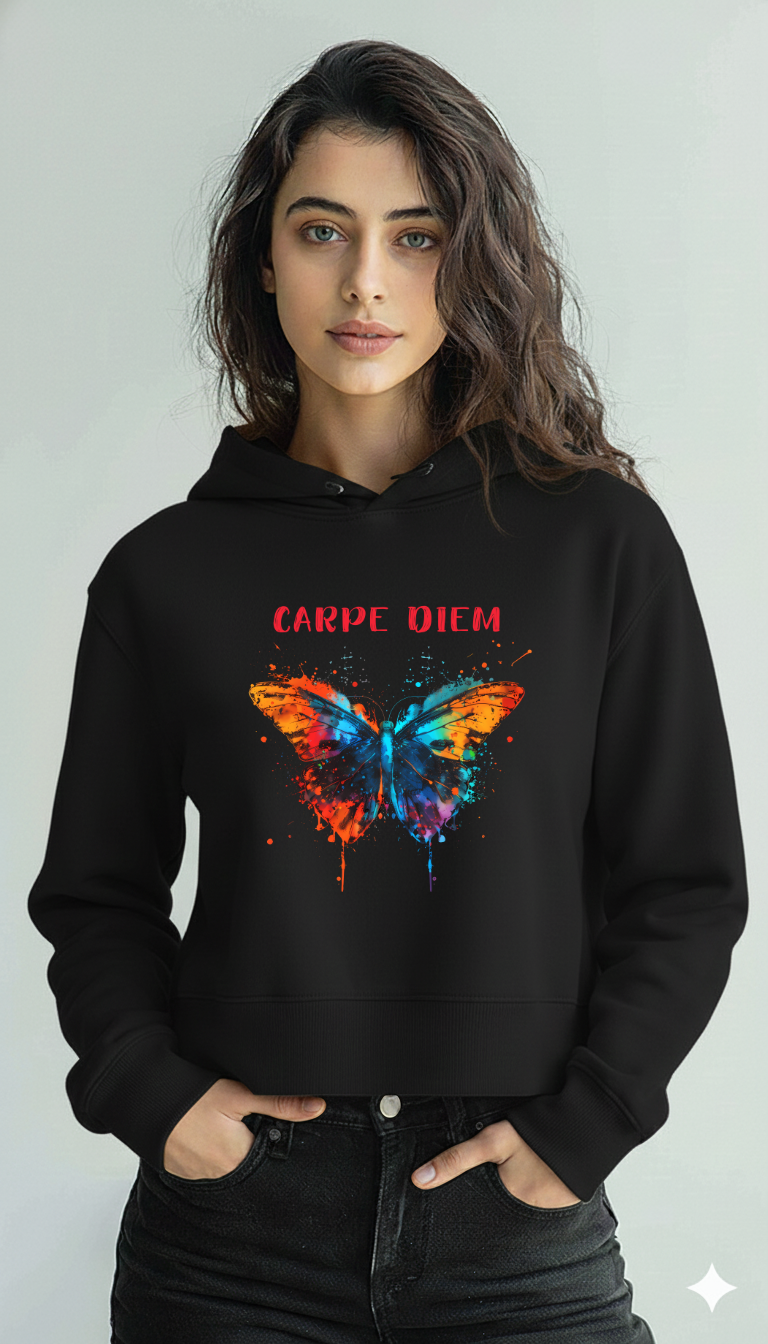 Carpe Diem Butterfly Crop Hoodie – Maroon | Storeily Winter Collection