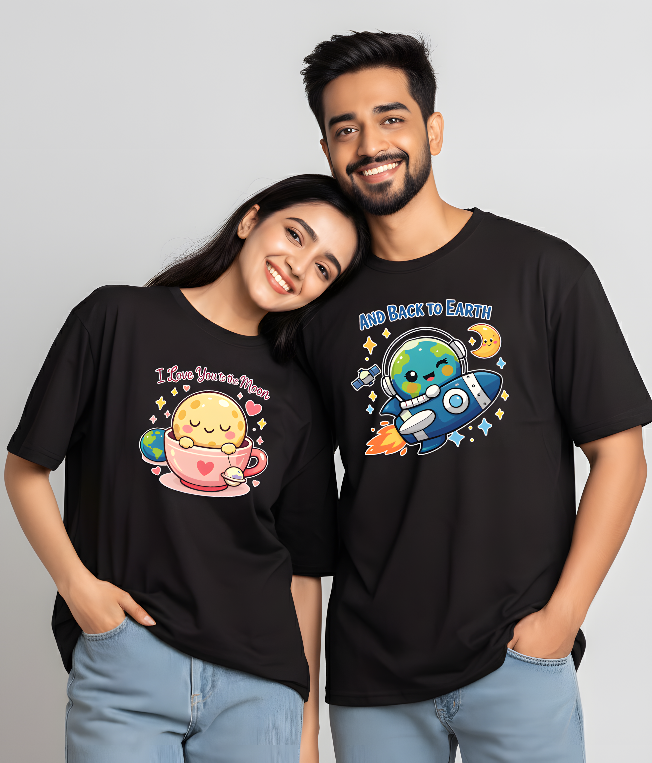 Valentine Special Couple Cotton Oversized T-Shirts – Moon & Earth Love Theme (Set of 2) - Storeily