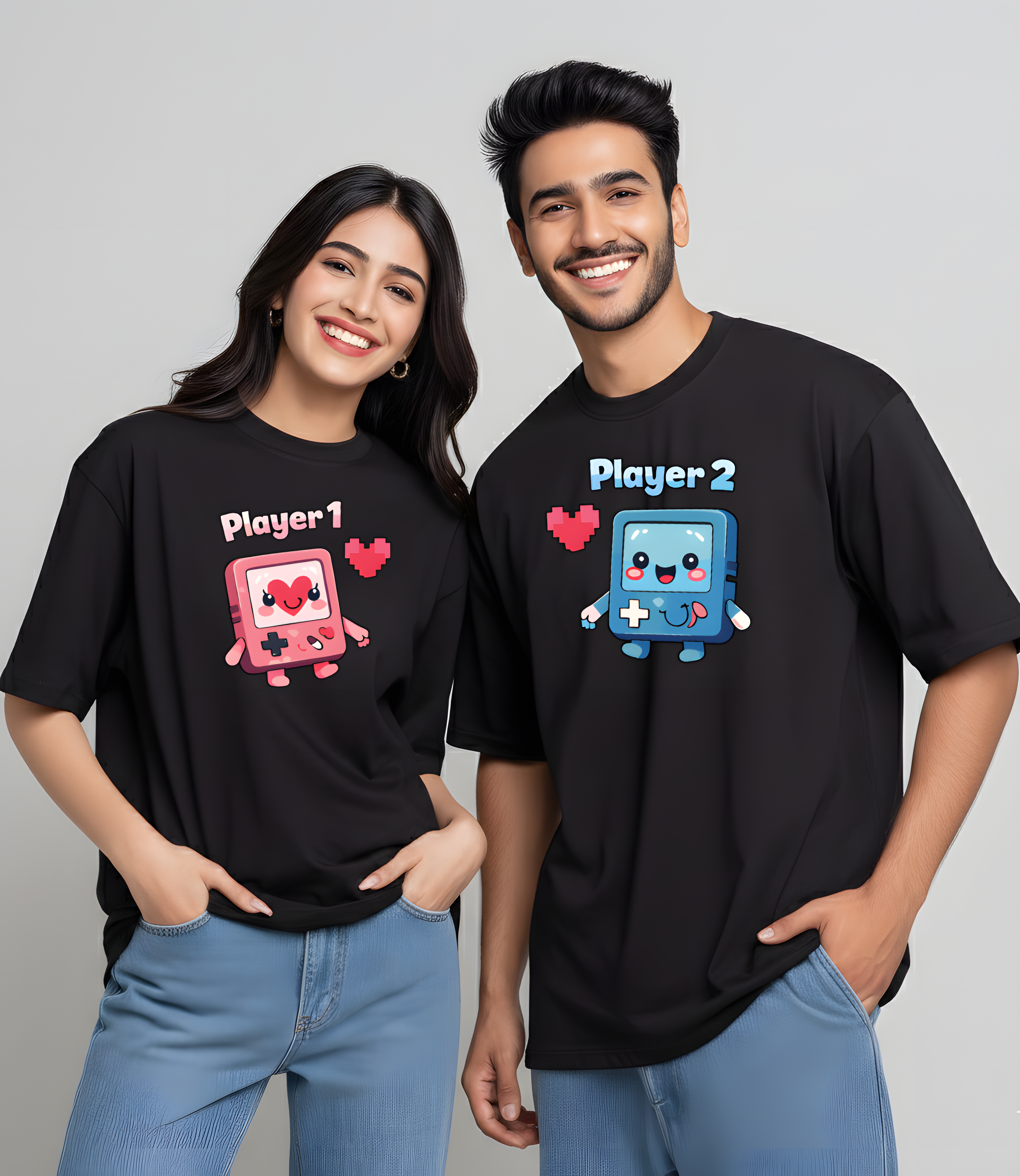Valentine Special Couple Cotton Oversized T-Shirts – Player 1 & Player 2 Gaming Theme (Set of 2) - Storeily