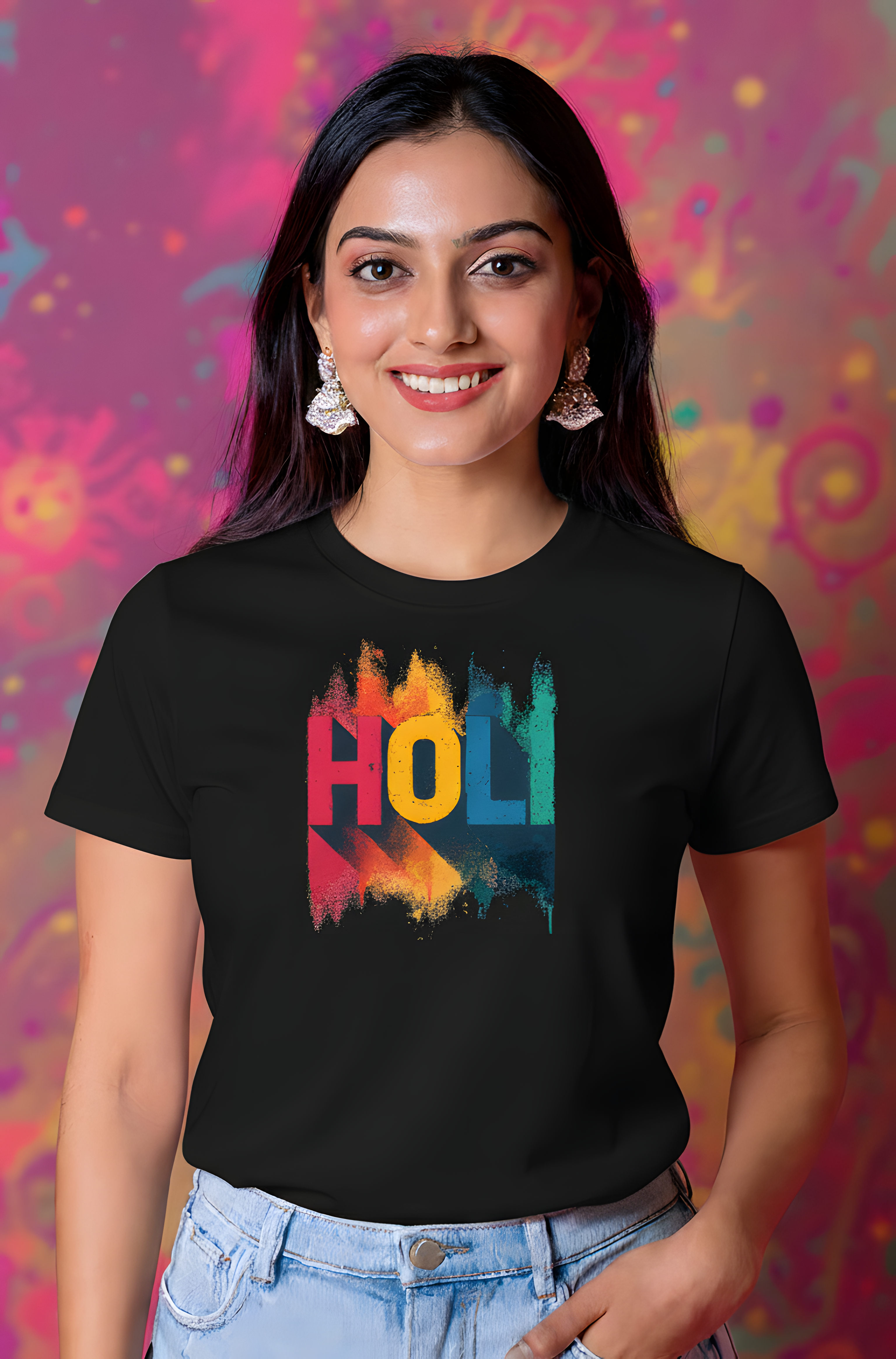 Bold Holi Typography Graphic Cotton T-Shirt for Women - Storeily