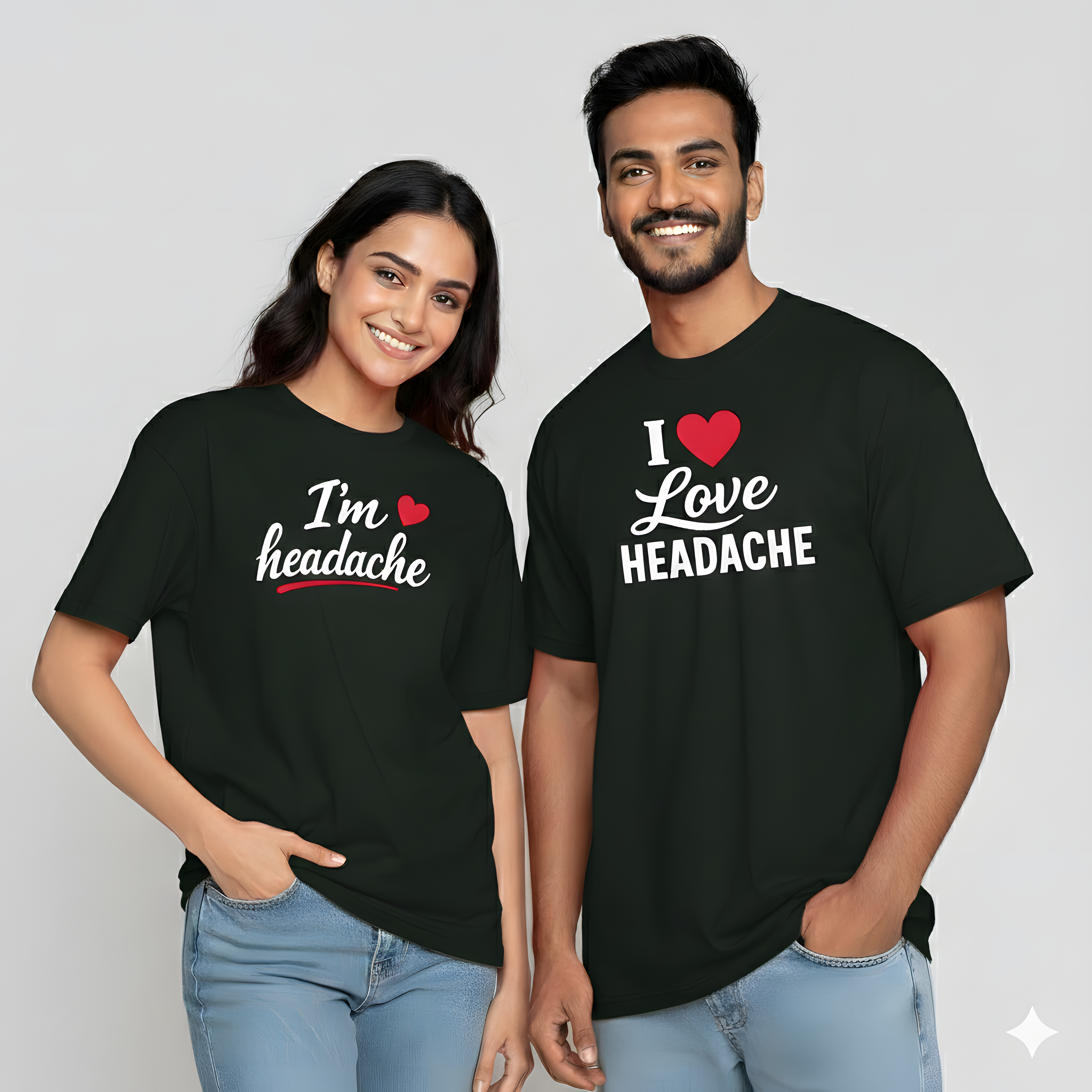 Valentine Special Couple Cotton Oversized T-Shirts – I’m Headache & I Love Headache Theme (Set of 2) - Storeily