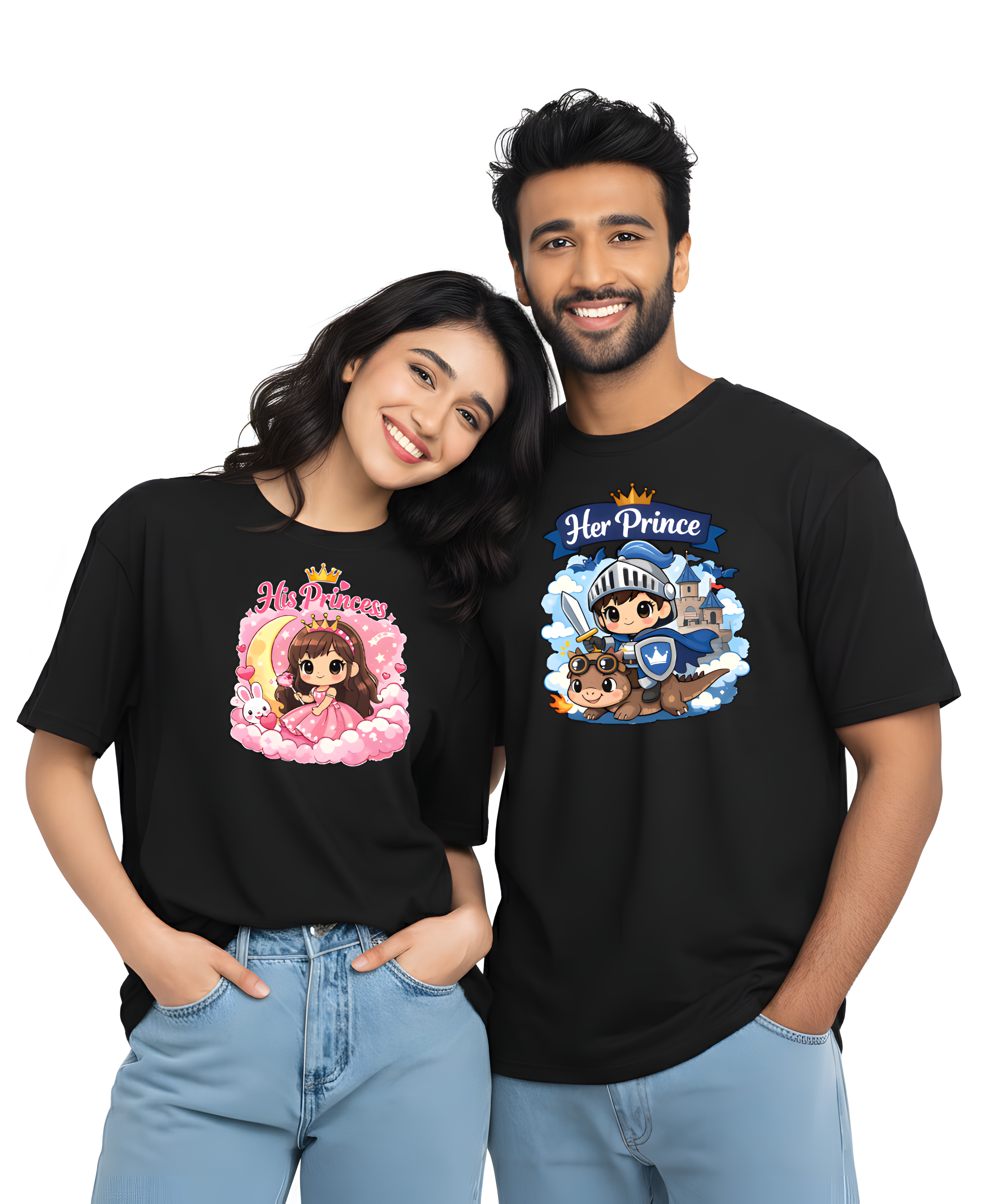 Valentine Special Couple Cotton Oversized T-Shirts – His Princess & Her Prince Theme (Set of 2) - Storeily