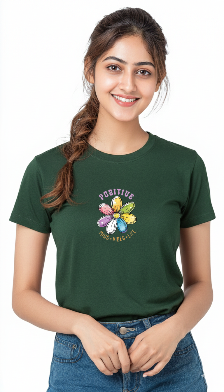 Women’s “Positive Mind Vibes Life” Floral Graphic Cotton Tshirt