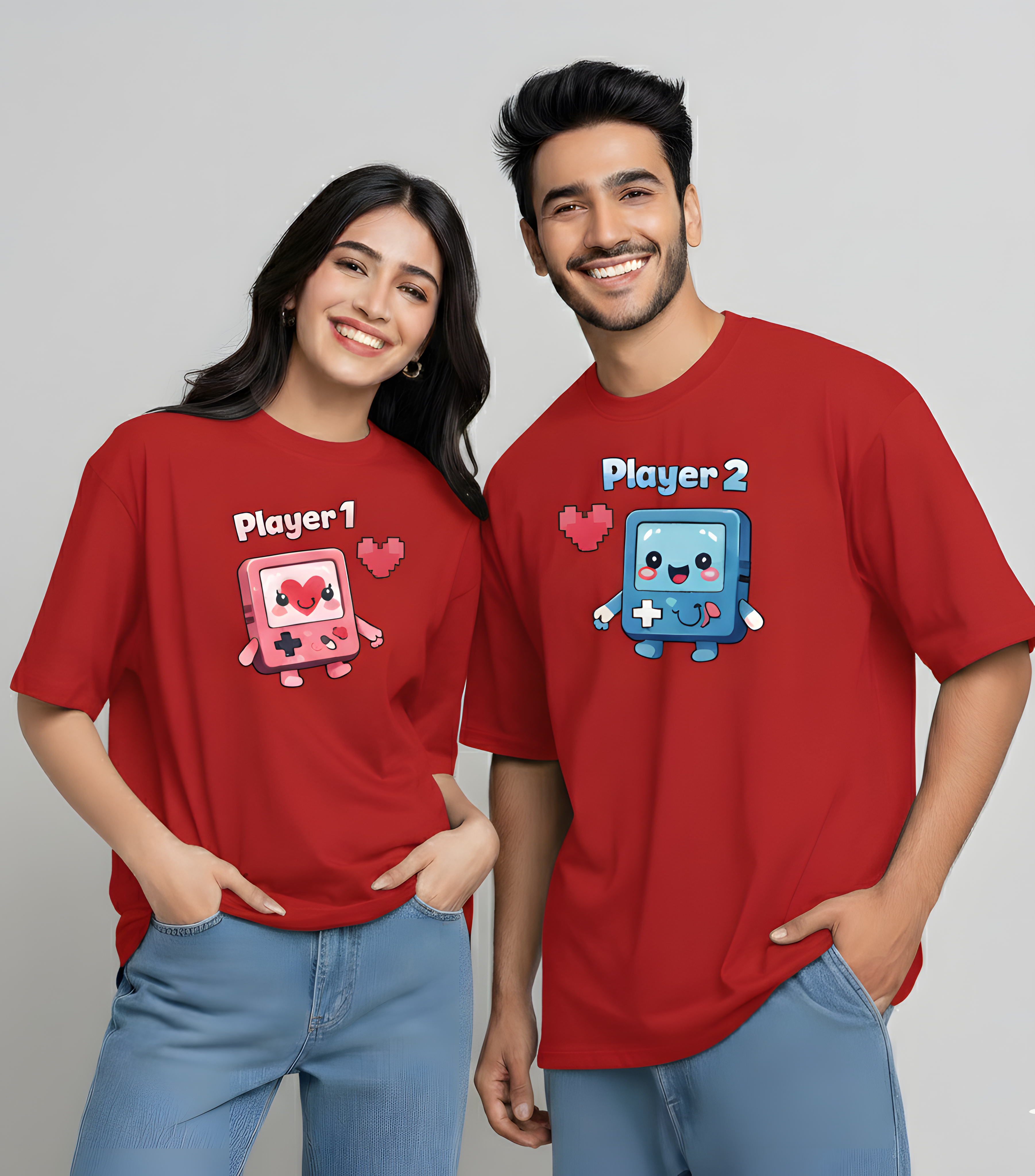 Valentine Special Couple Cotton Oversized T-Shirts – Player 1 & Player 2 Gaming Theme (Set of 2) - Storeily