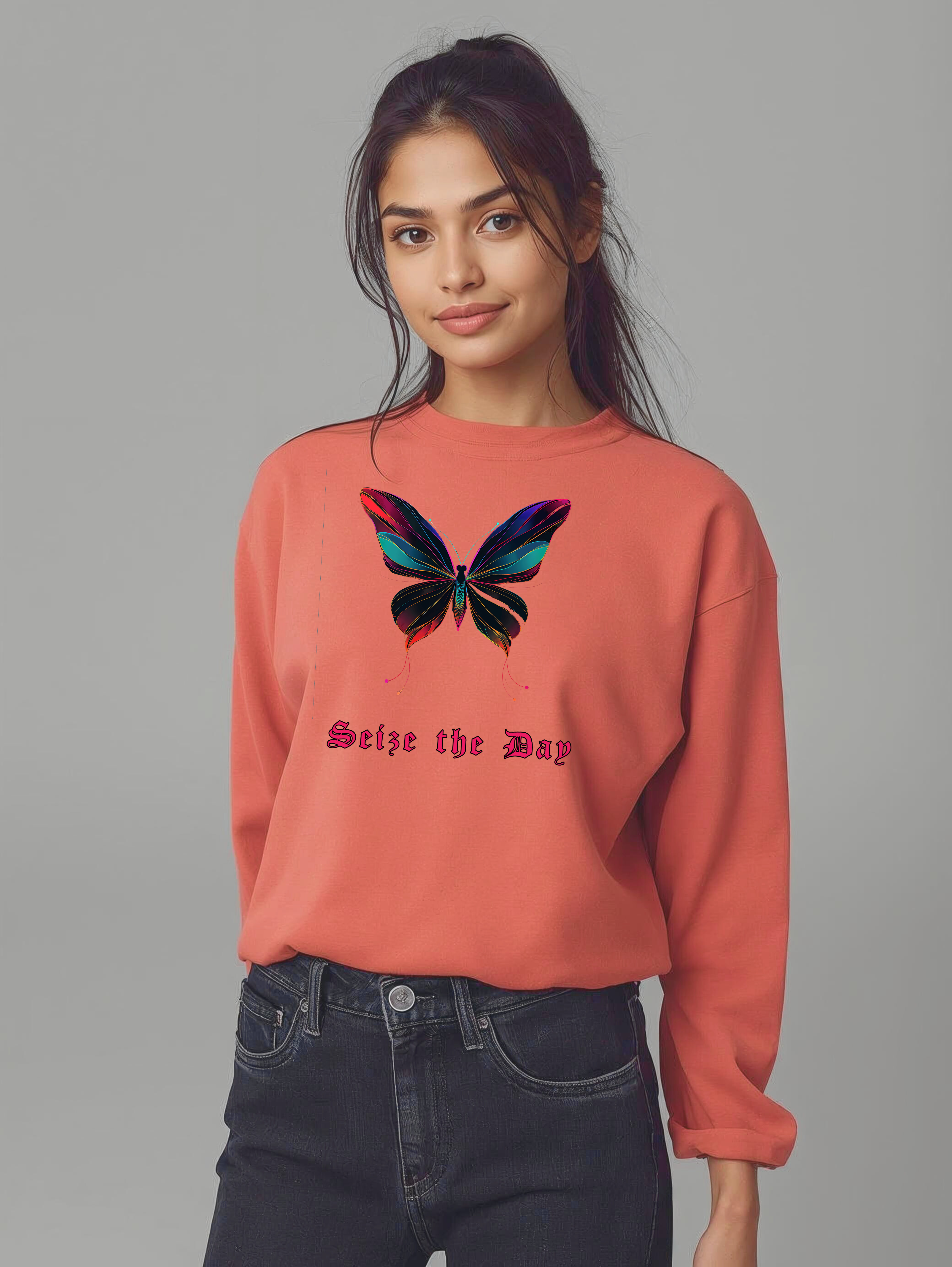 Seize the Day Butterfly Graphic Sweatshirt for Women | Storeily Winter Collection