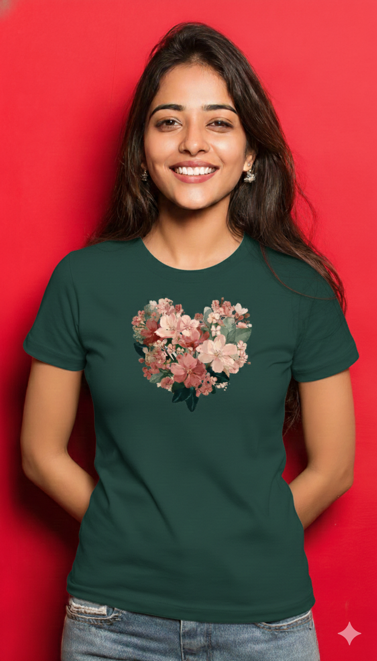 Valentine Floral Heart Graphic Cotton T-Shirt