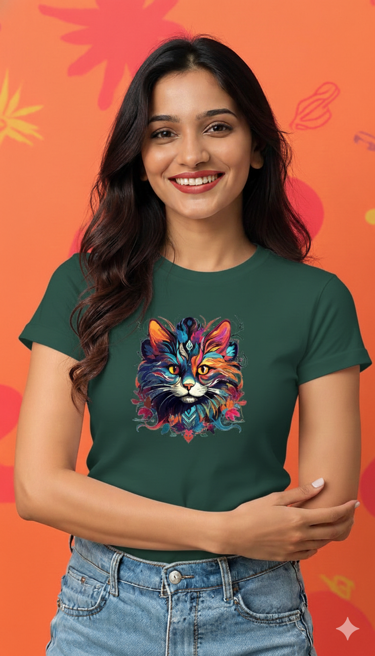 Vibrant Cat Art Women's Cotton T-Shirt