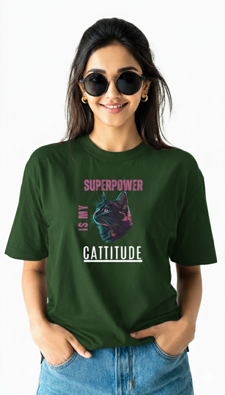 Cattitude Is My Superpower | Oversized Cat Graphic Cotton T-Shirt - Storeily