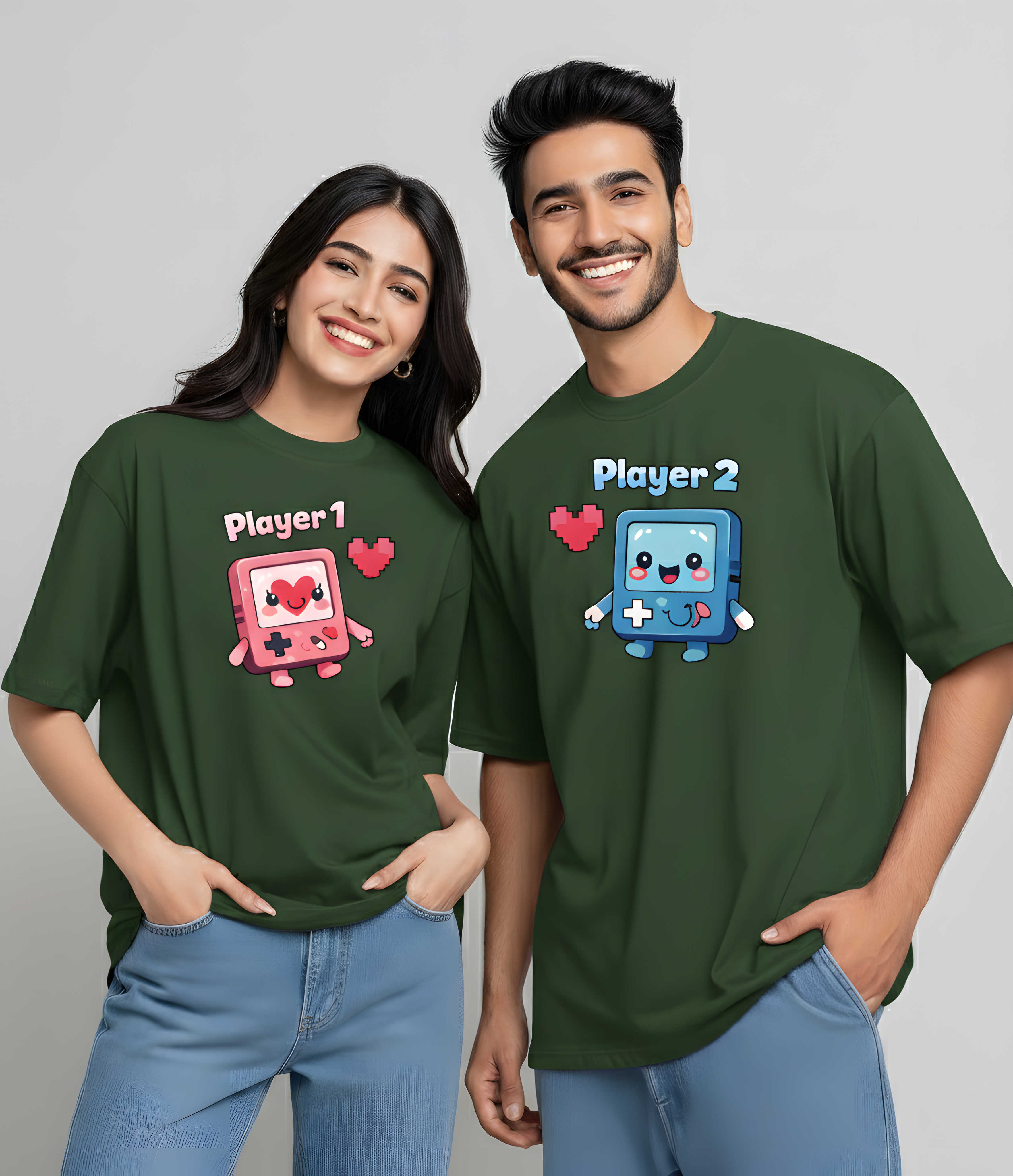 Valentine Special Couple Cotton Oversized T-Shirts – Player 1 & Player 2 Gaming Theme (Set of 2) - Storeily