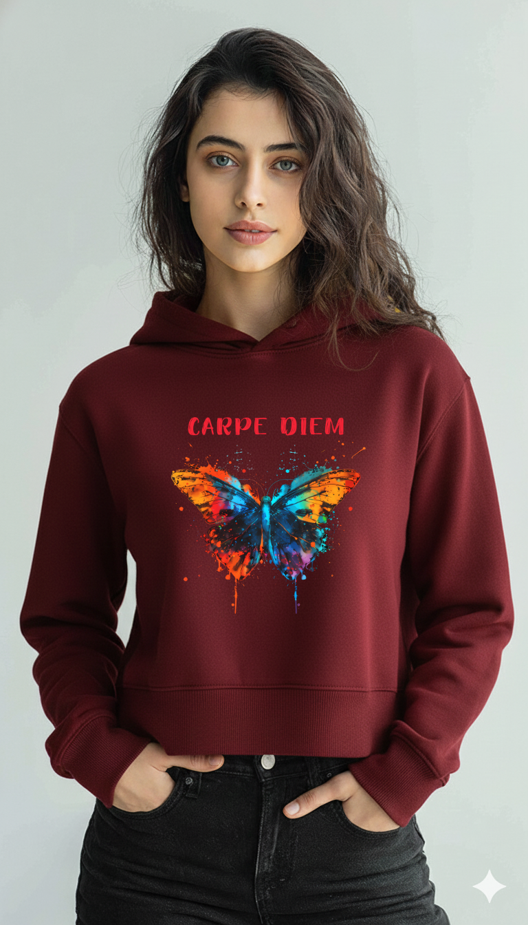 Carpe Diem Butterfly Crop Hoodie – Maroon | Storeily Winter Collection