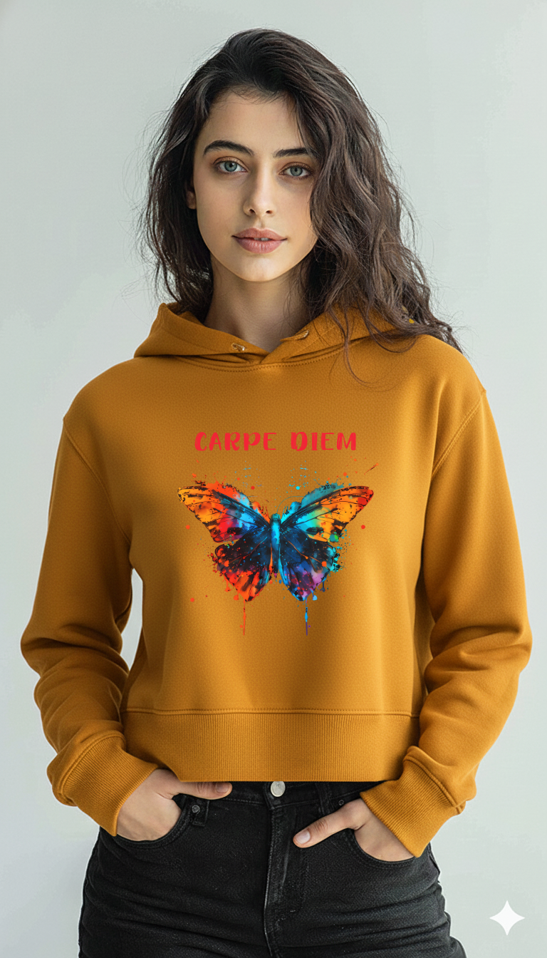 Carpe Diem Butterfly Crop Hoodie – Maroon | Storeily Winter Collection
