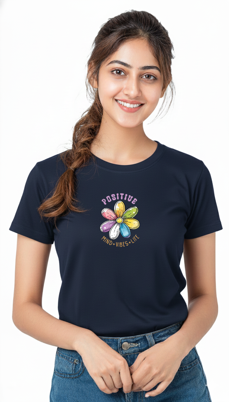 Women’s “Positive Mind Vibes Life” Floral Graphic Cotton Tshirt