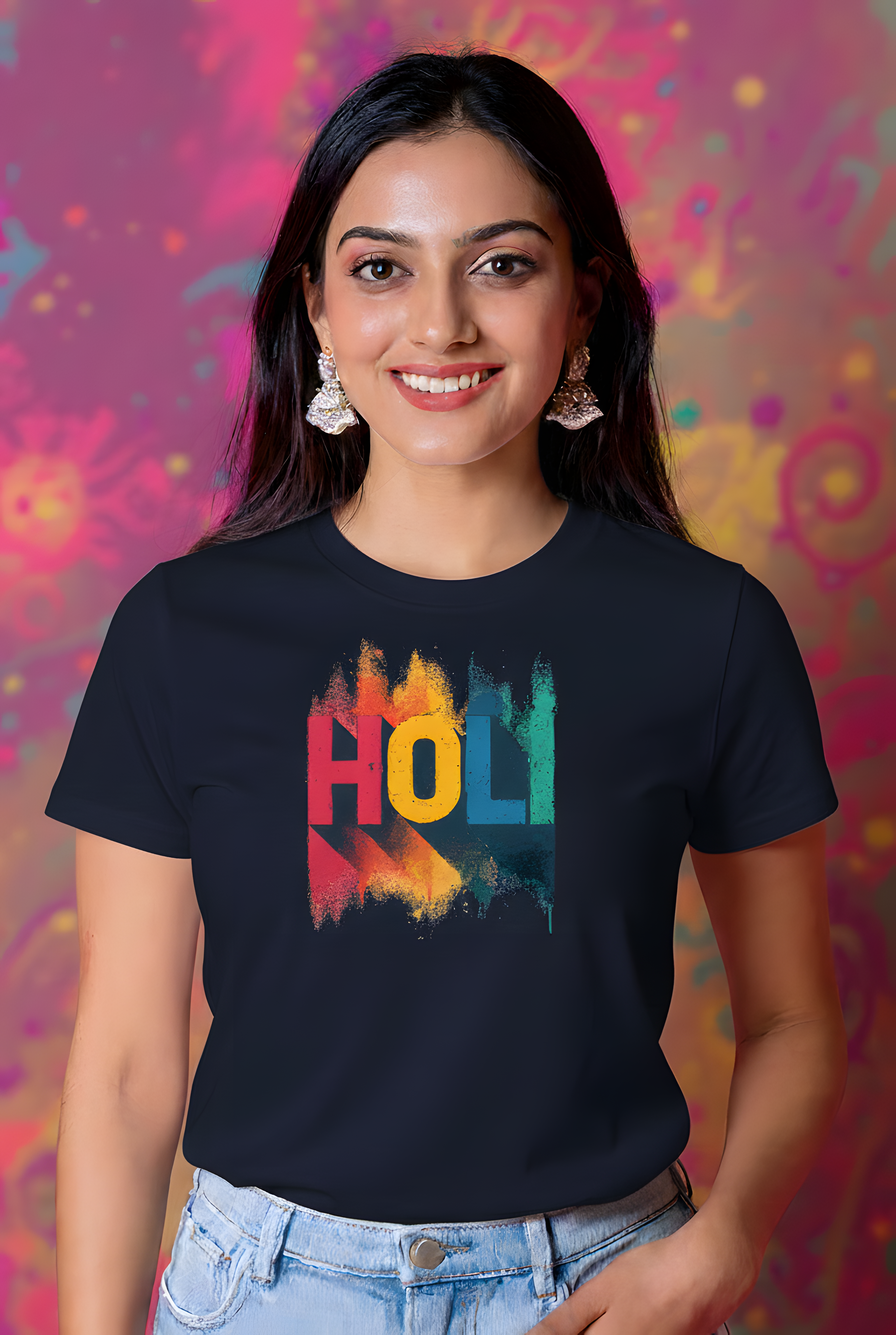 Bold Holi Typography Graphic Cotton T-Shirt for Women - Storeily
