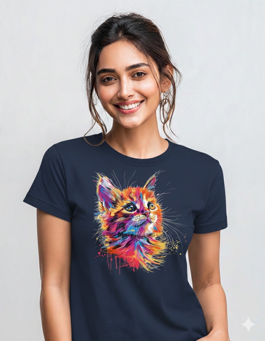 Adorable Cat Design Women's Cotton T-shirt for cat lovers - Storeily