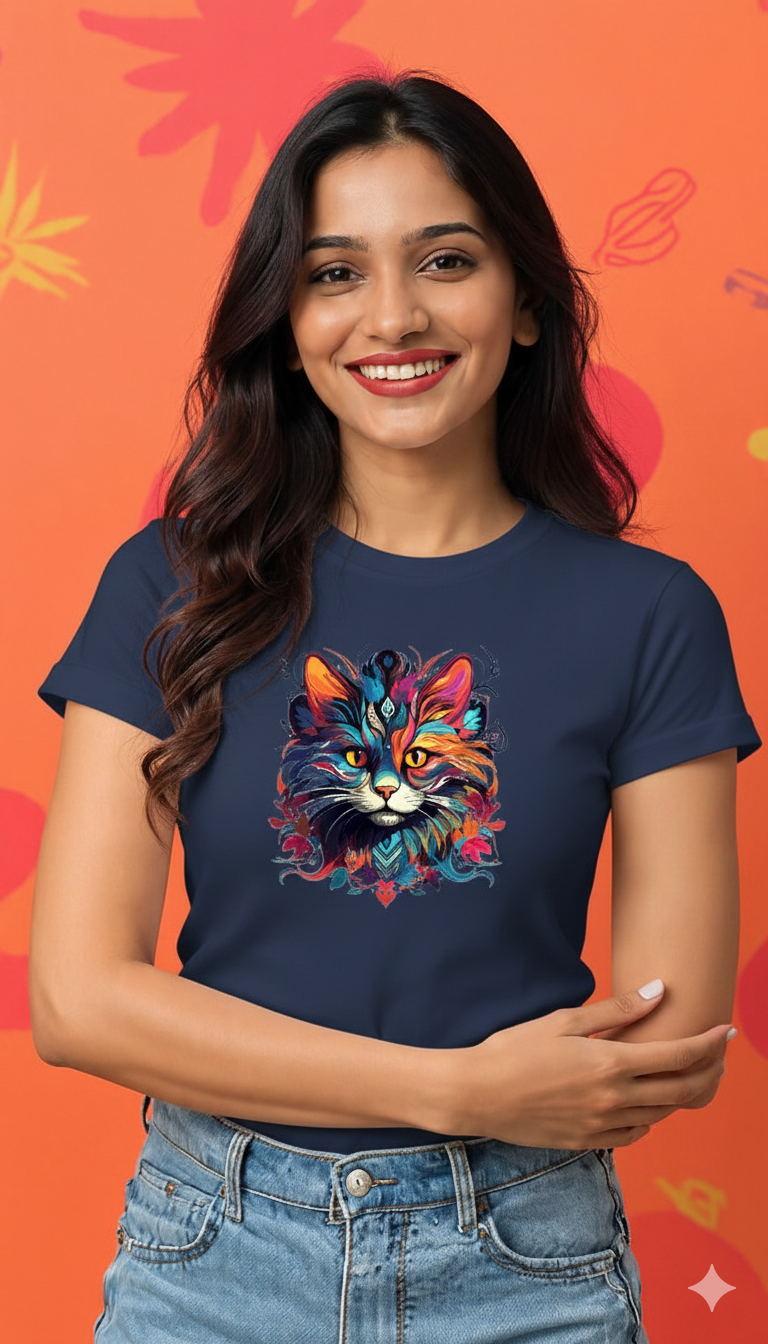 Vibrant Cat Art Women's Cotton T-Shirt