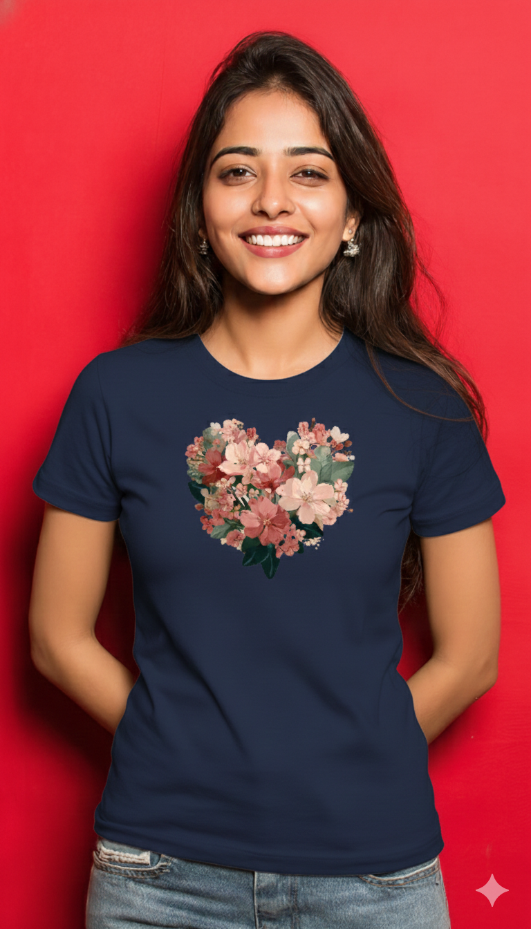 Valentine Floral Heart Graphic Cotton T-Shirt