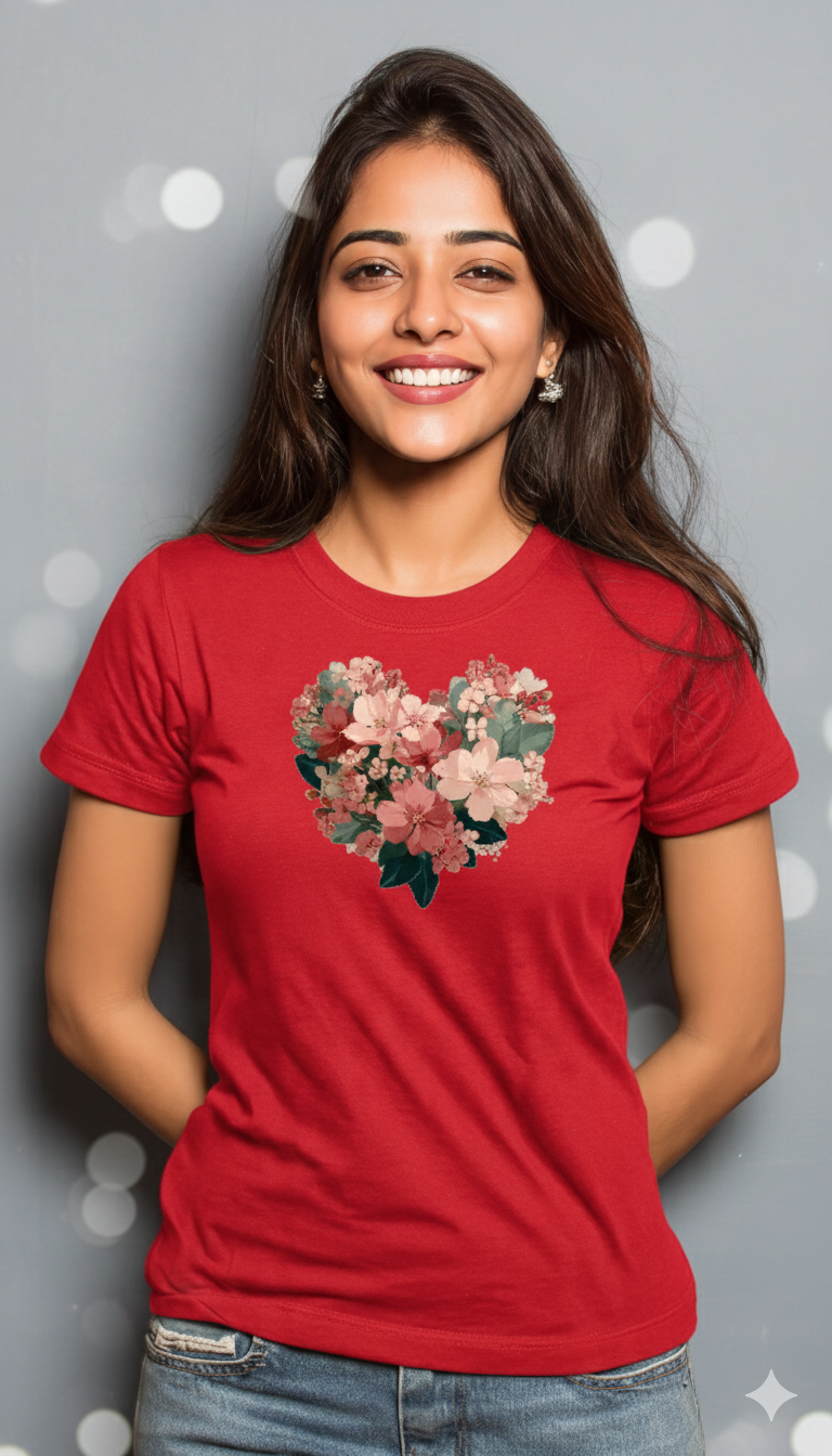 Valentine Floral Heart Graphic Cotton T-Shirt