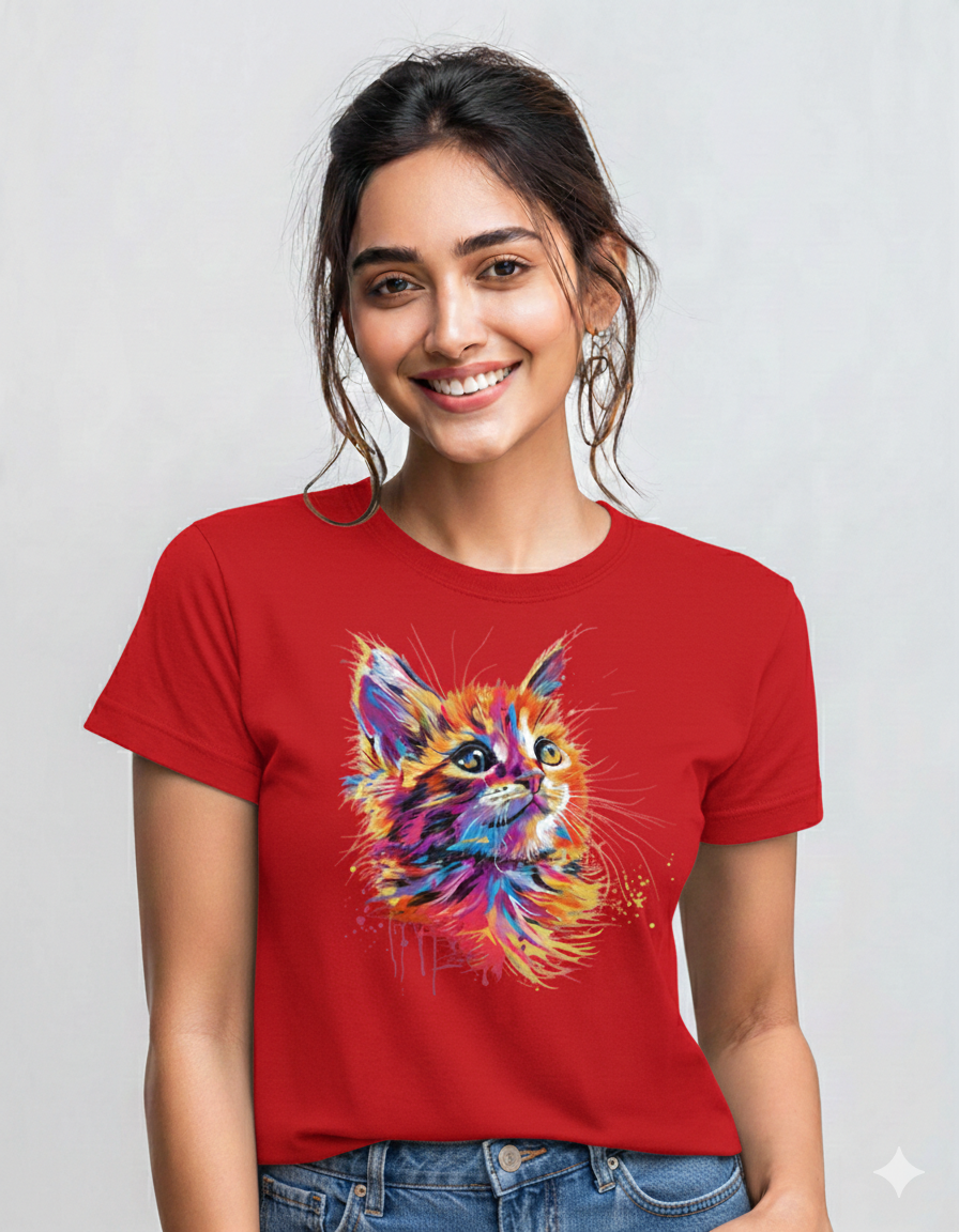 Adorable Cat Design Women's Cotton T-shirt for cat lovers - Storeily