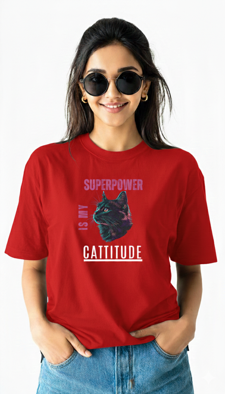 Cattitude Is My Superpower | Oversized Cat Graphic Cotton T-Shirt - Storeily