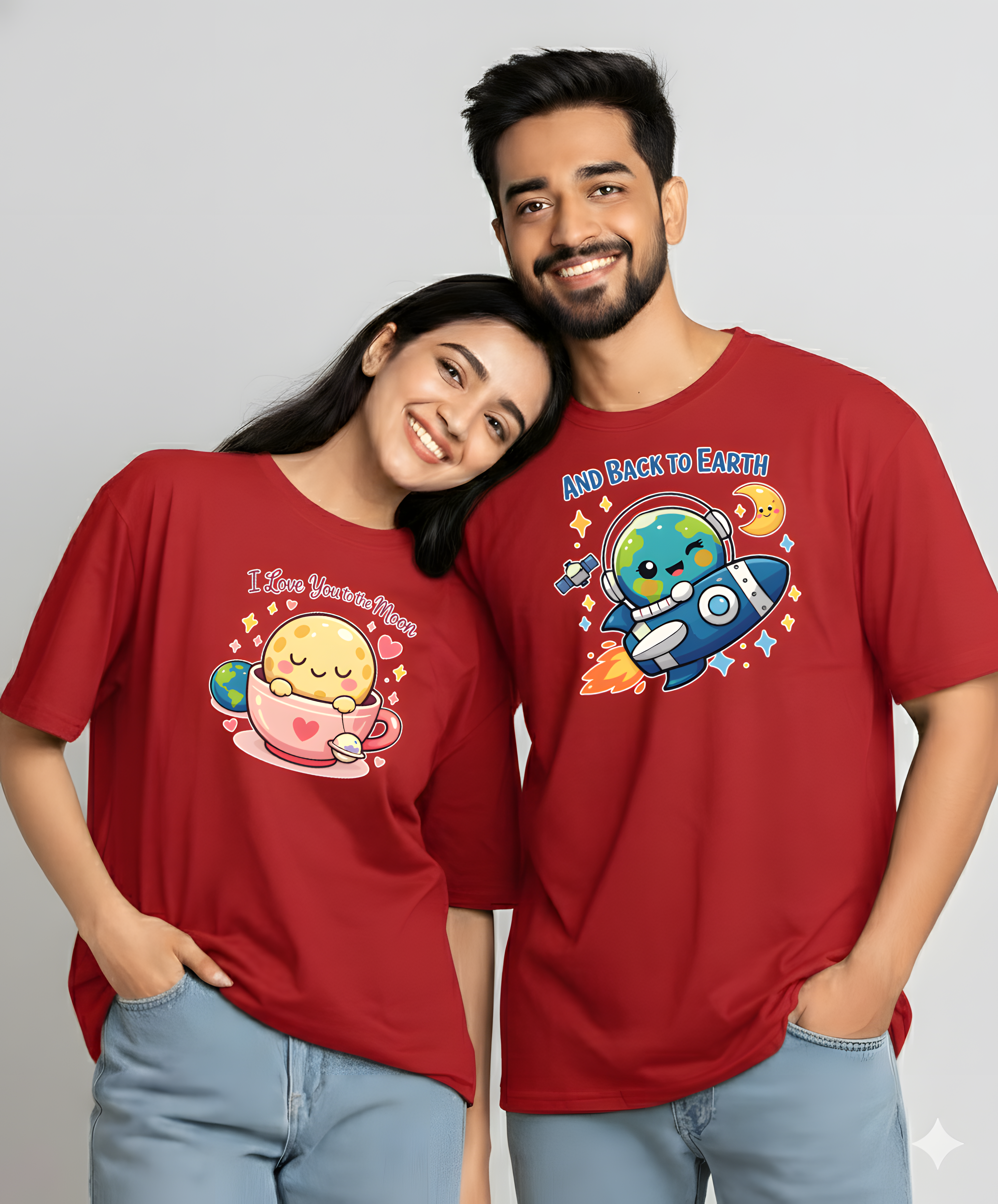 Valentine Special Couple Cotton Oversized T-Shirts – Moon & Earth Love Theme (Set of 2) - Storeily